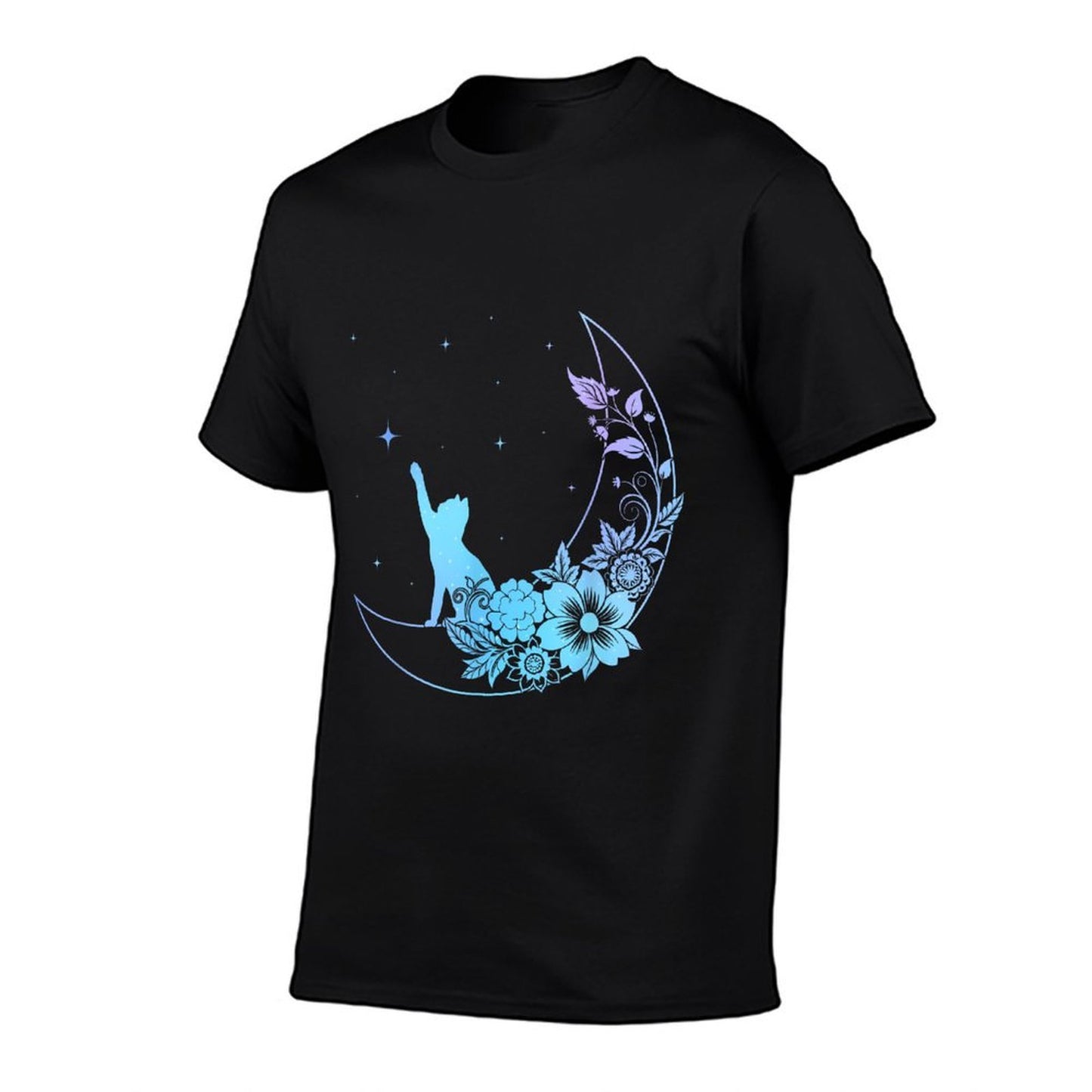 Cat Sitting On Crescent Moon Flowers Stars Women Girls Kids Durable T-Shirt