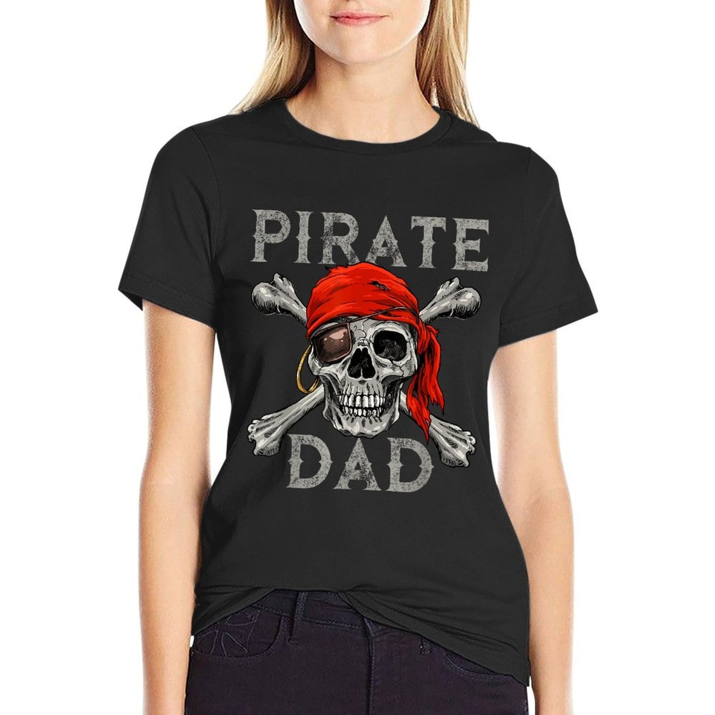 Pirate Dad Jolly Roger Crossbones Skull Halloween Ribbed Collar T-Shirt
