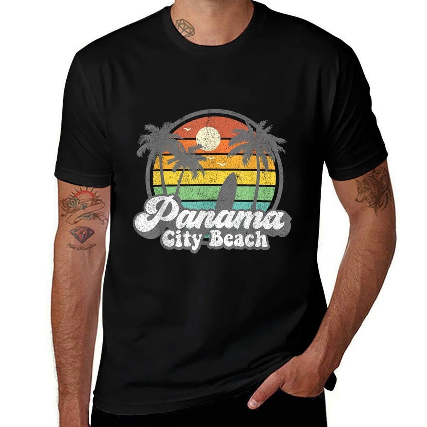 Vintage Panama City Beach Florida Surfing Retro Surf Gift Rolled Sleeves T-Shirt