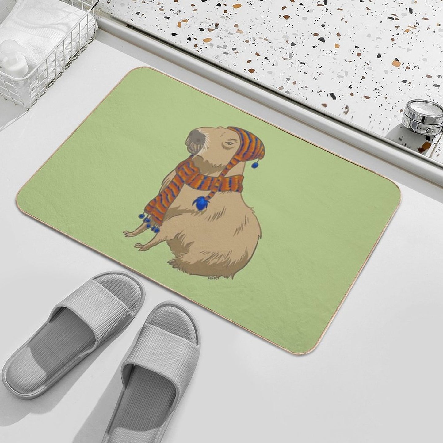 Anime-style Capybara Just Sitting There with Hat And Scarf Anti-Trip Bath Mat