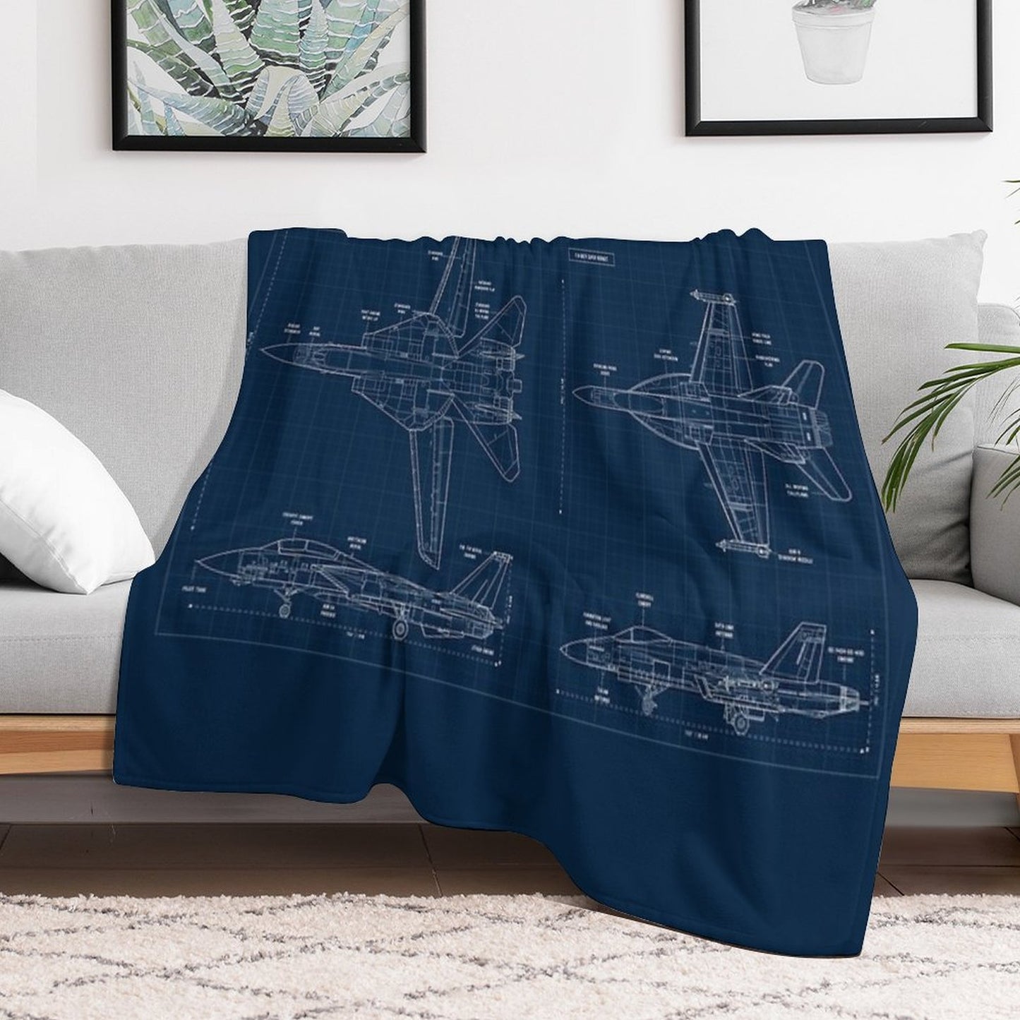 TOP GUN F14 Tomcat Vs FA18 Super Hornet (Navy Blueprint) Sustainable Throw Blanket