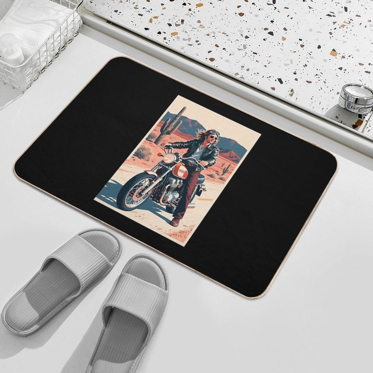 Vintage 70s Biker Illustration in Hope Style Slip-Resistant Bath Mat