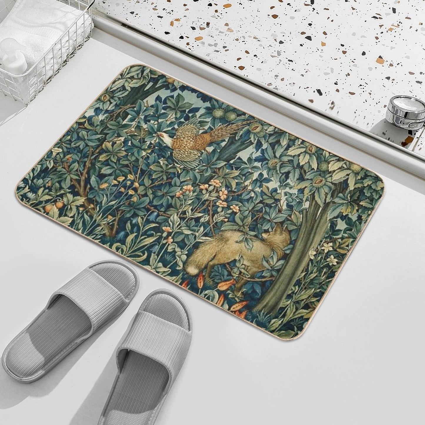GREENERY, FOREST ANIMALS Pheasant And Fox Blue Green Floral Tapestry Dirt-Trapping Bath Mat