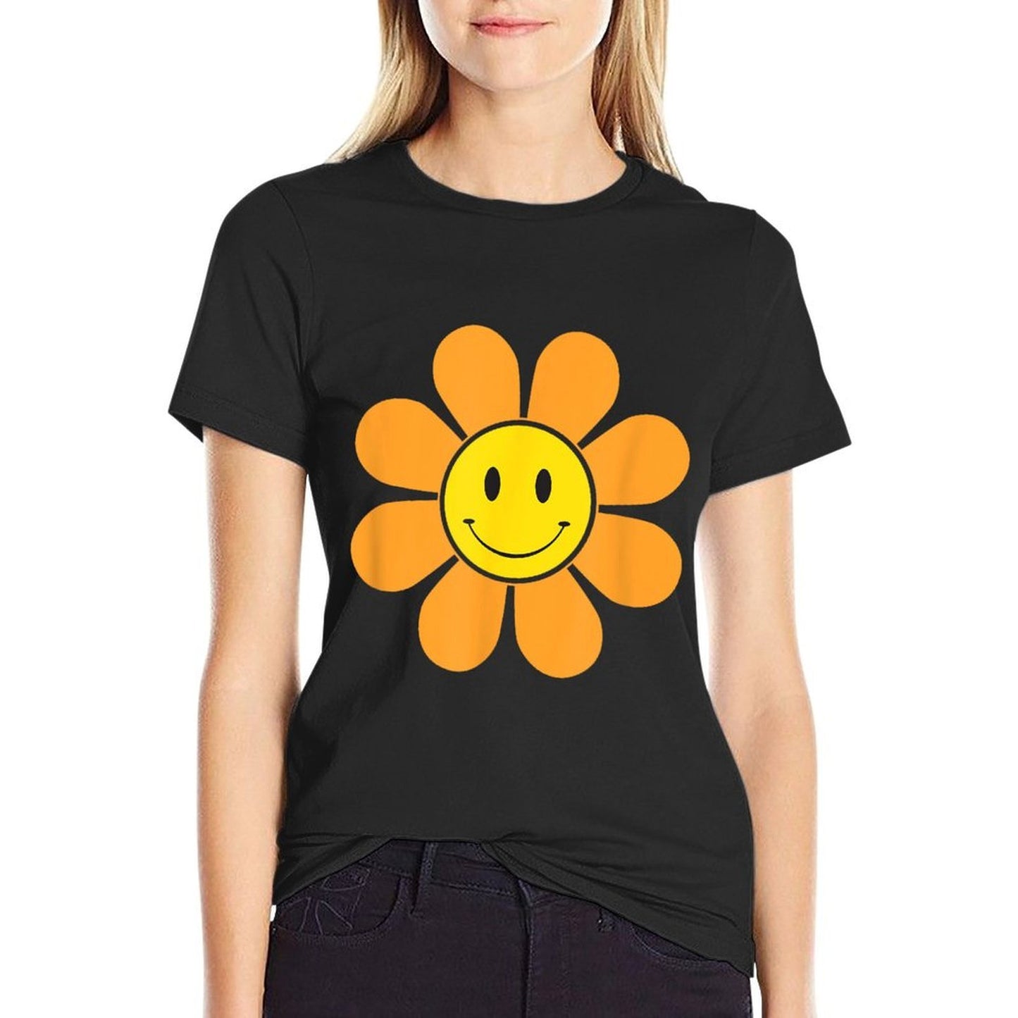 Orange 70s Retro Flower with A Yellow Smiling Face Summer Affordable Price T-Shirt