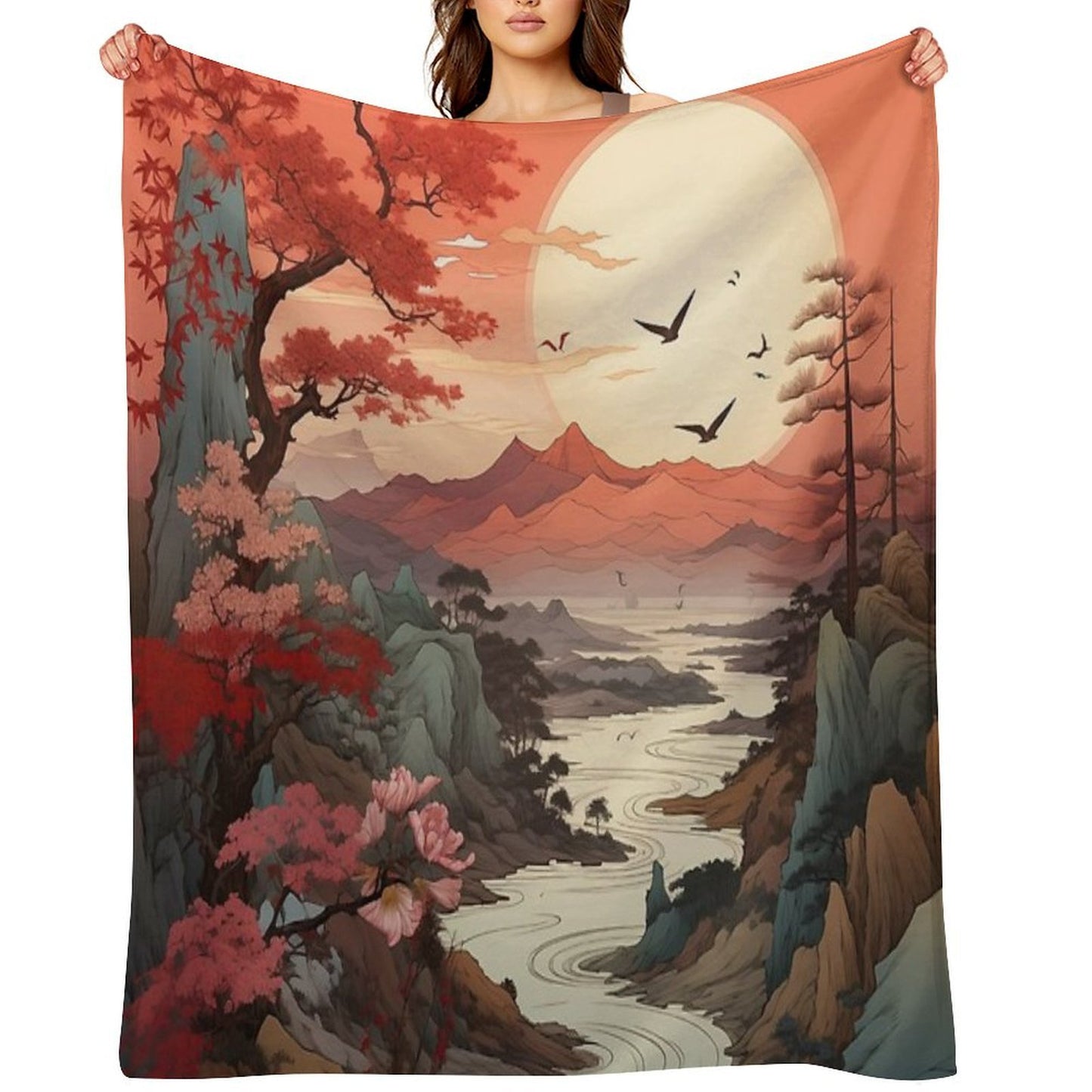 Japanese Scenic Compact Throw Blanket