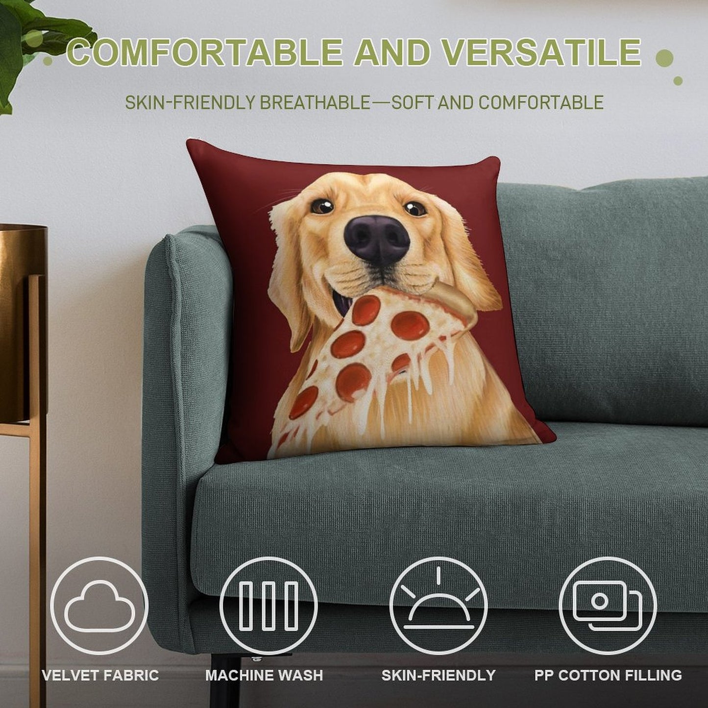 Golden Retriever Eating Pizza - Dog with A Slice of Pizza Soft Shrink-Resistant Throw Pillow