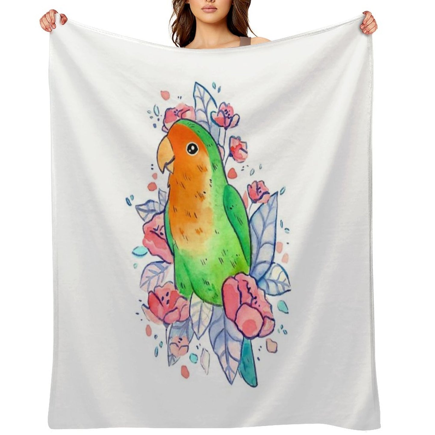 Flowery Lovebird Plush Throw Blanket