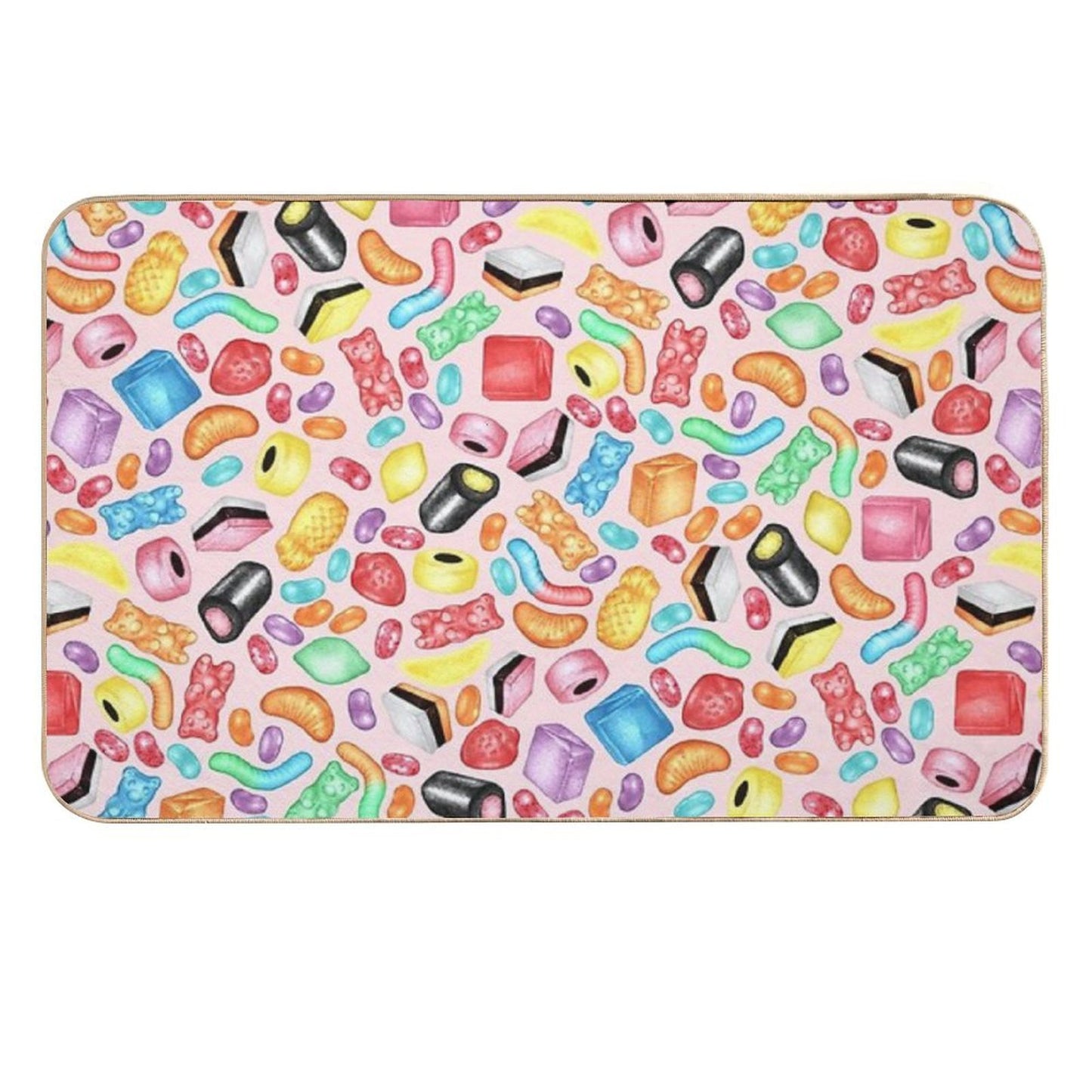 Rainbow Diet - A Colorful Assortment of Hand-drawn Candy on Pale Pink Durable Bath Mat