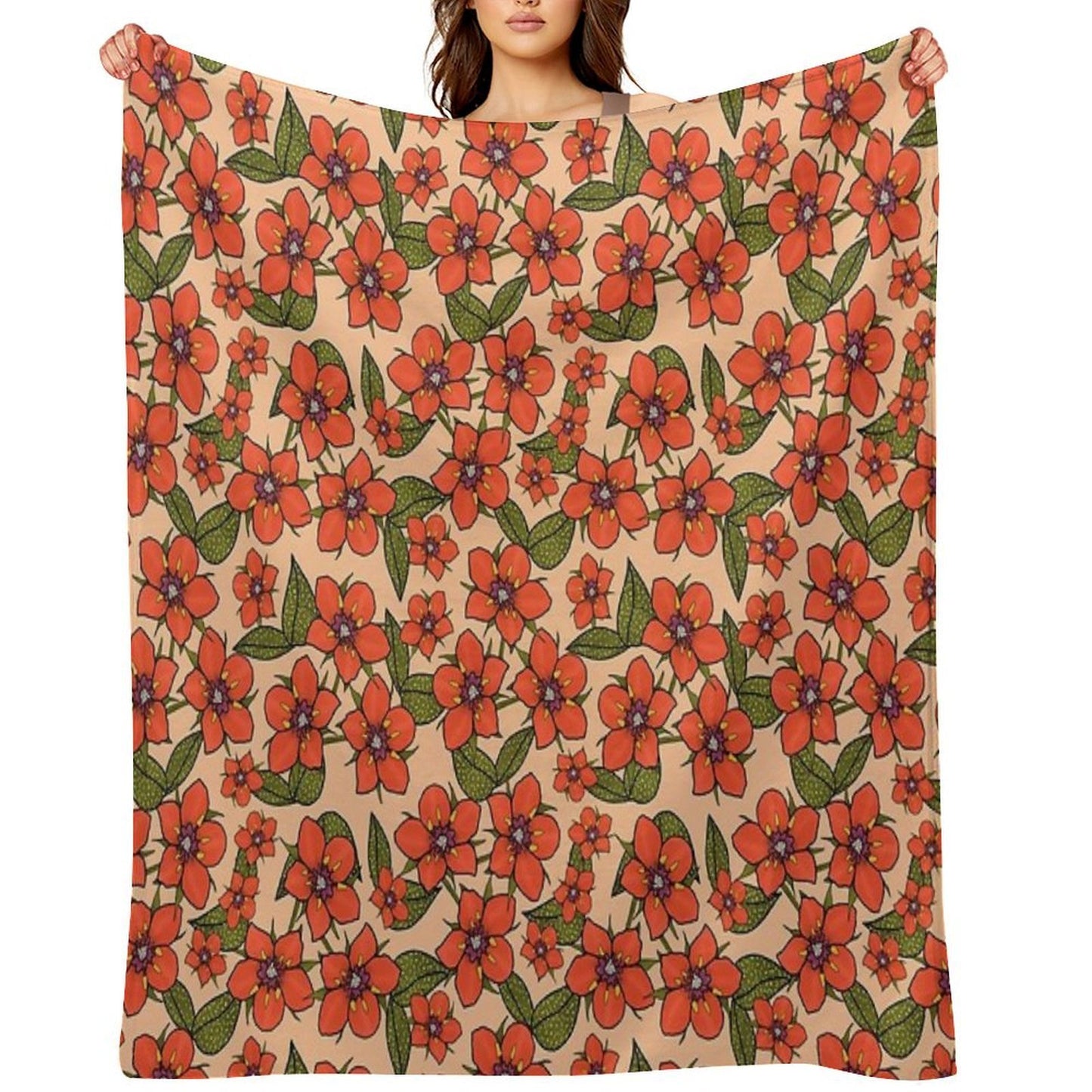 Scarlet Pimpernel Floral Design, Red And Purple Flowers with Green Leaves on A Peach Fuzz Background Easy Care Throw Blanket