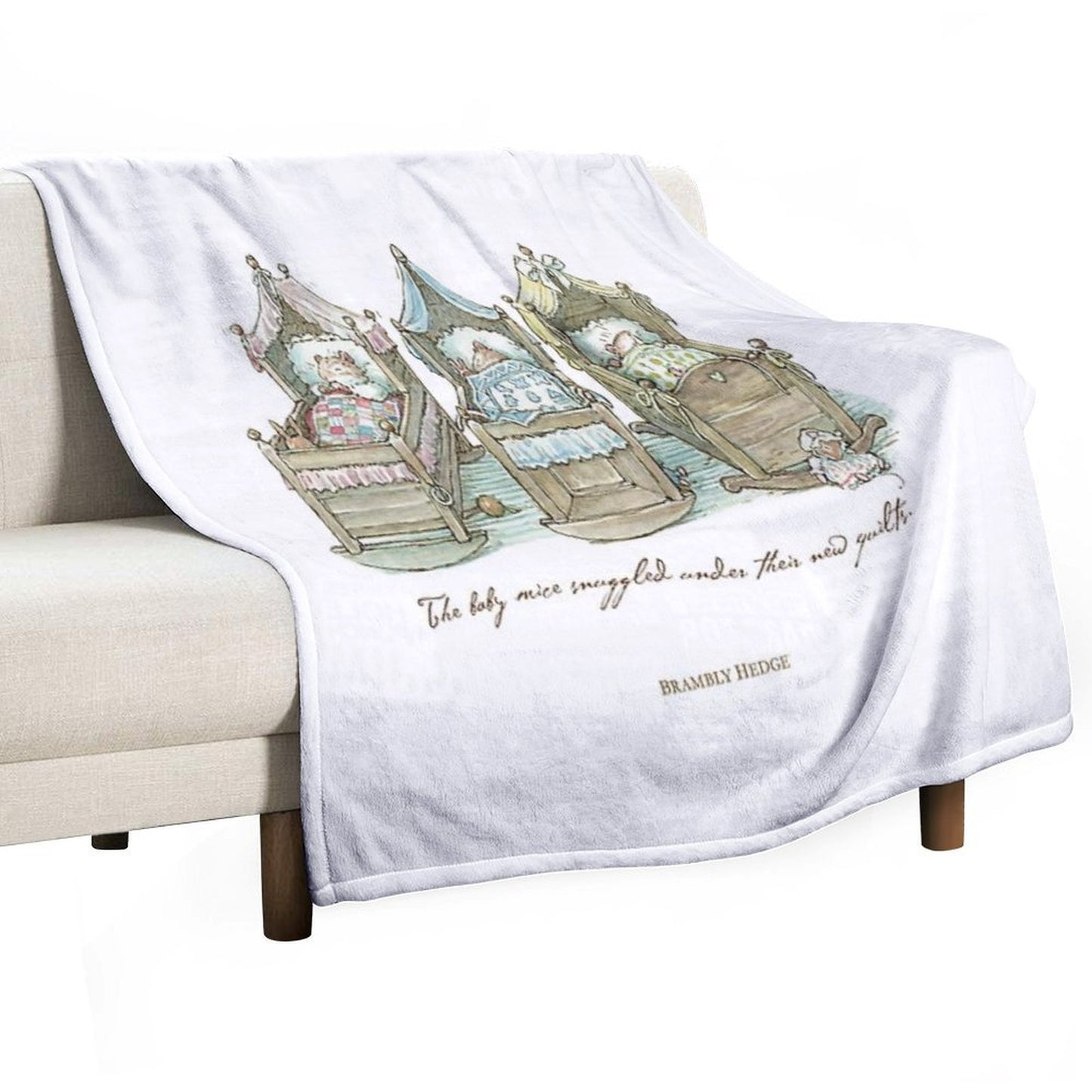 The Brambly Hedge Baby Mice Snuggle in Their Cots Sustainable Throw Blanket