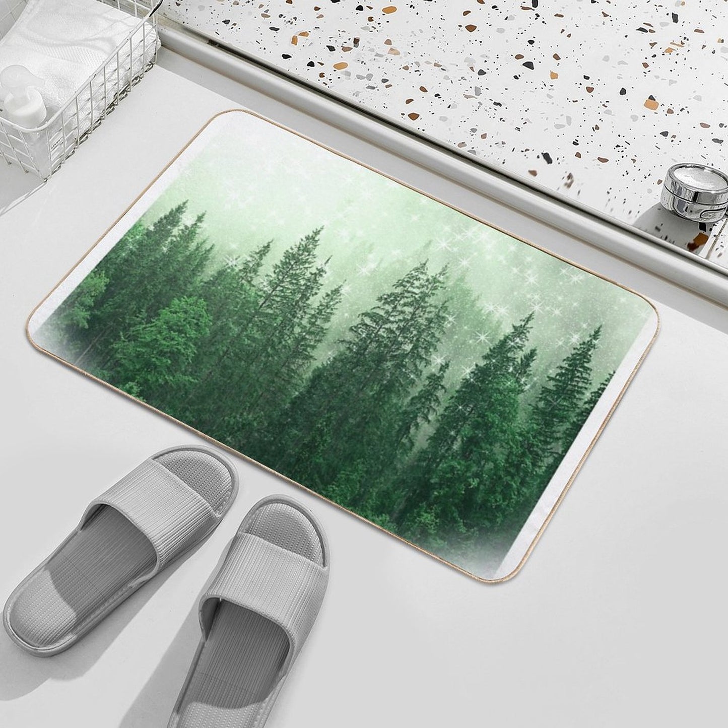 Foggy Green Forest Landscape And Pine Cones Autumn Fall Pattern Nature Trees Wood Slip-Resistant Bath Mat