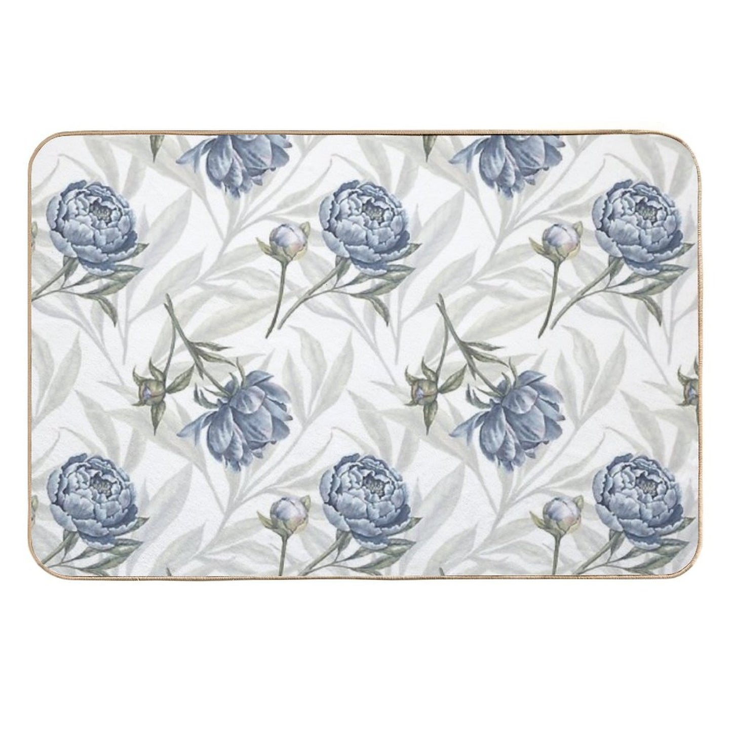 Watercolor Indigo Blue Peonies And Translucent Leaves Pattern with White Background. Rapid-Drying Bath Mat