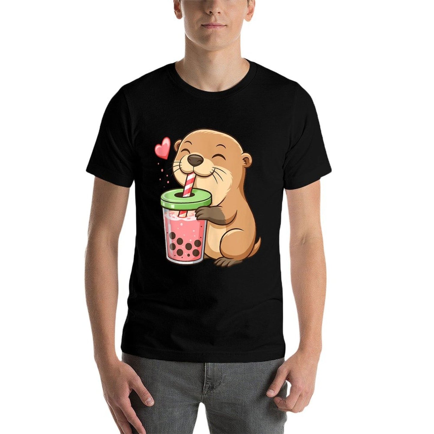 Otter Drinking Bubble Tea Boba Japanese Anime Culture Manga Heathered Texture T-Shirt