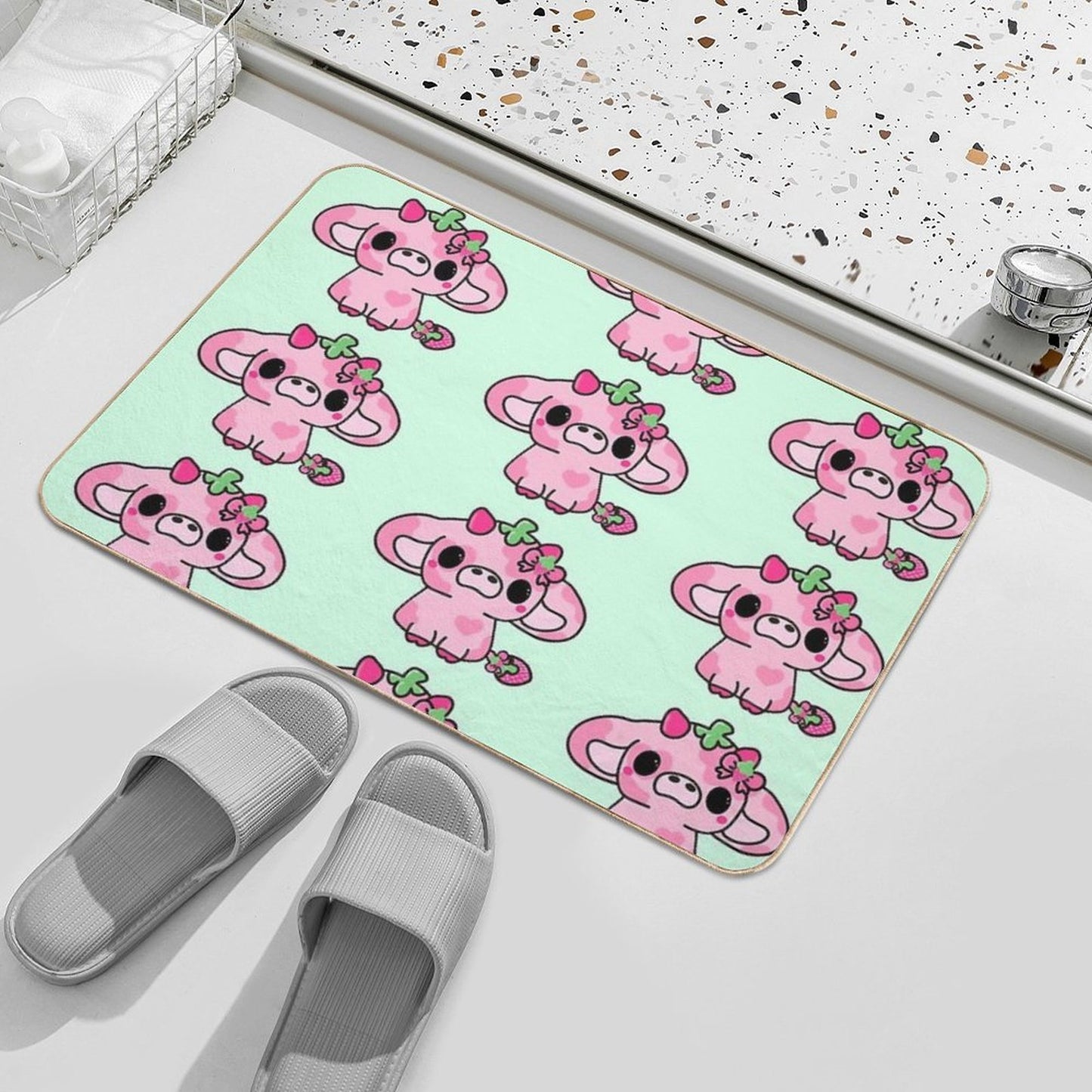 Adorable Kawaii Pink Cow with Strawberry Style Versatile Bath Mat