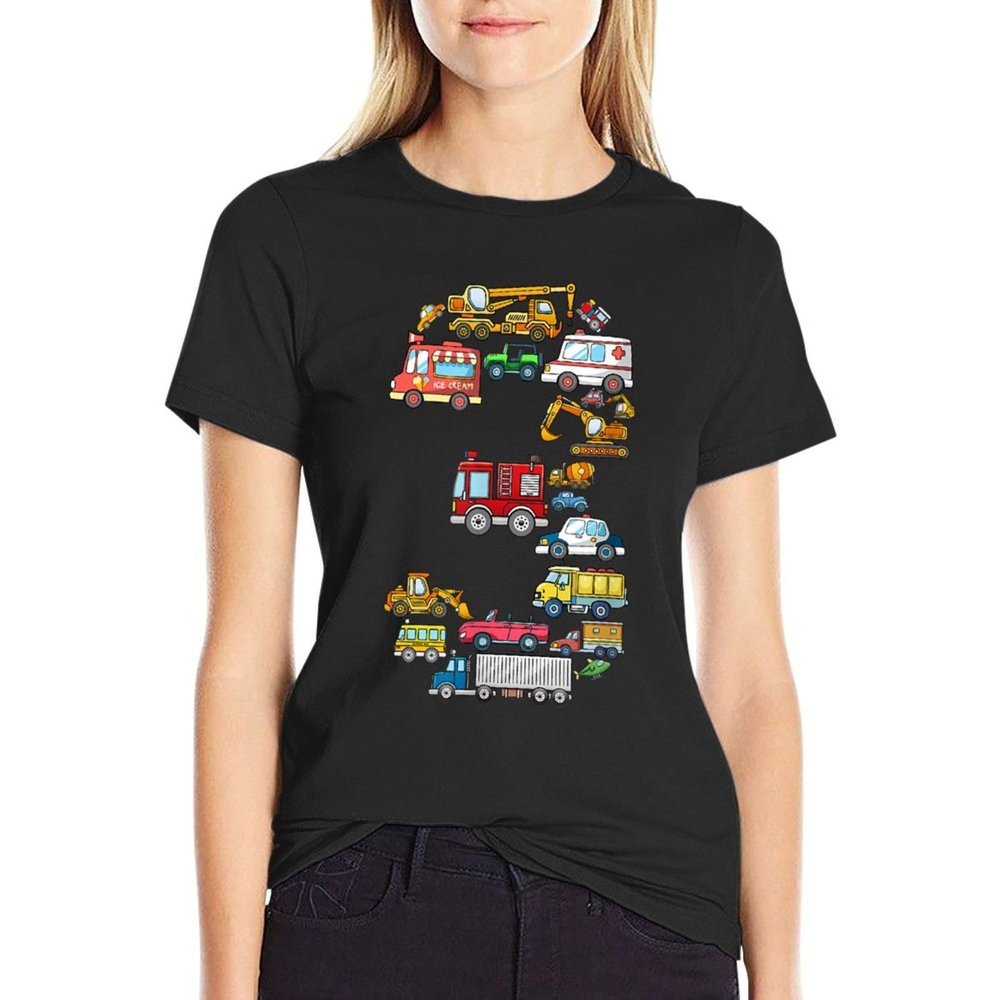 3rd Birthday 3 Year Old Transportation Cars Fire Truck Polyester Blend T-Shirt