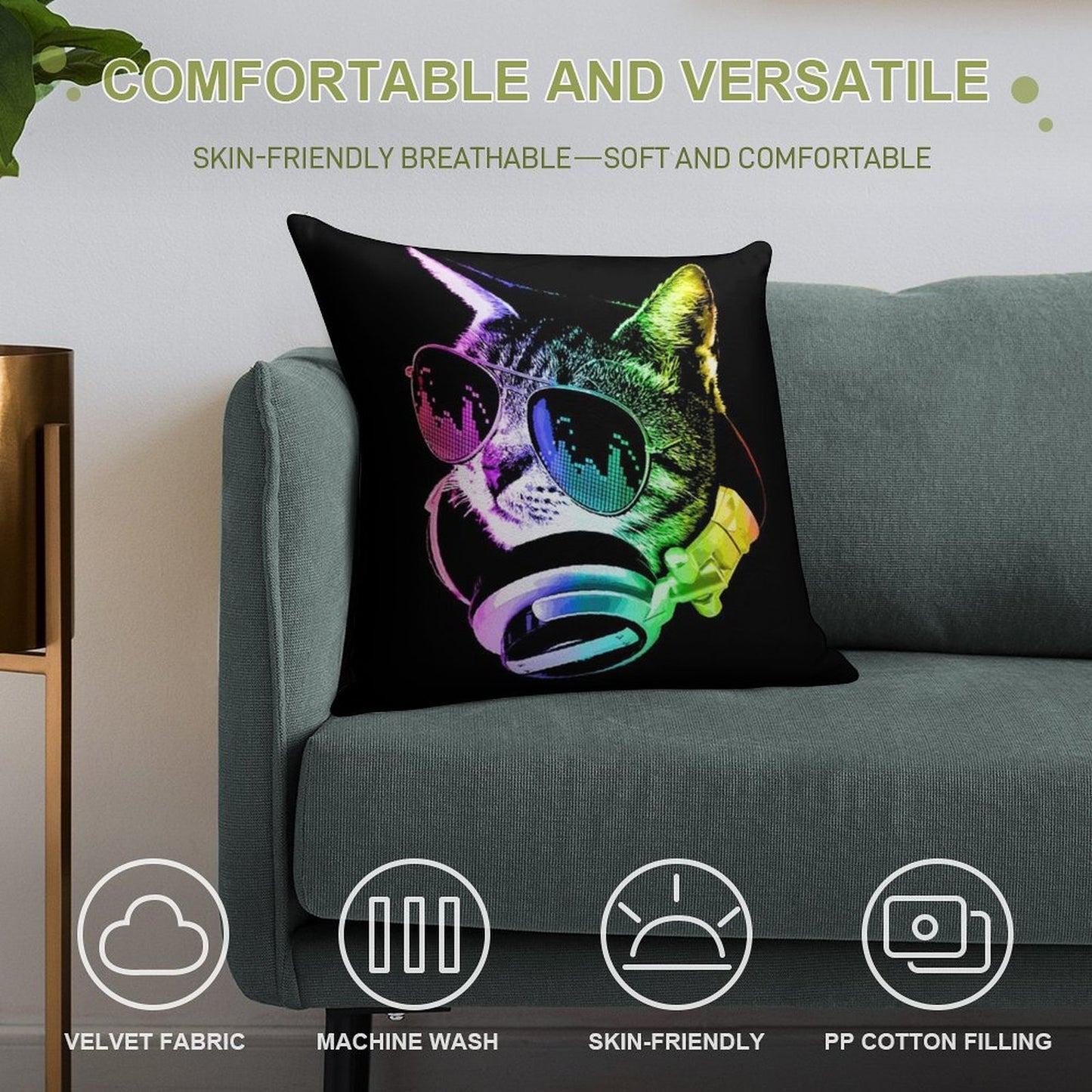 Rainbow Music Cat Soft Bedroom Essential Throw Pillow