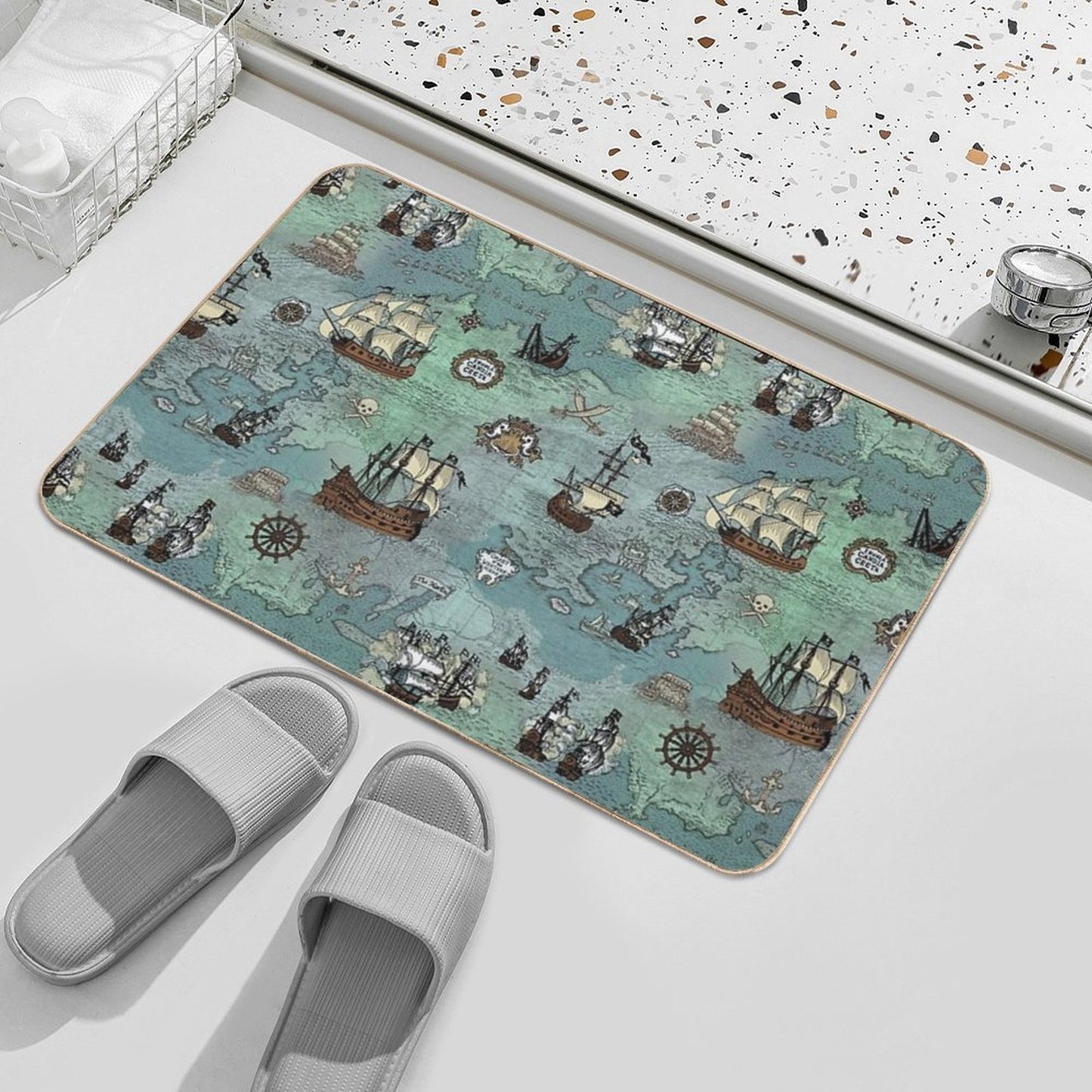 Pirate Map Nautical Sea Print Ocean Blue & Sea Glass Green Versatile Bath Mat