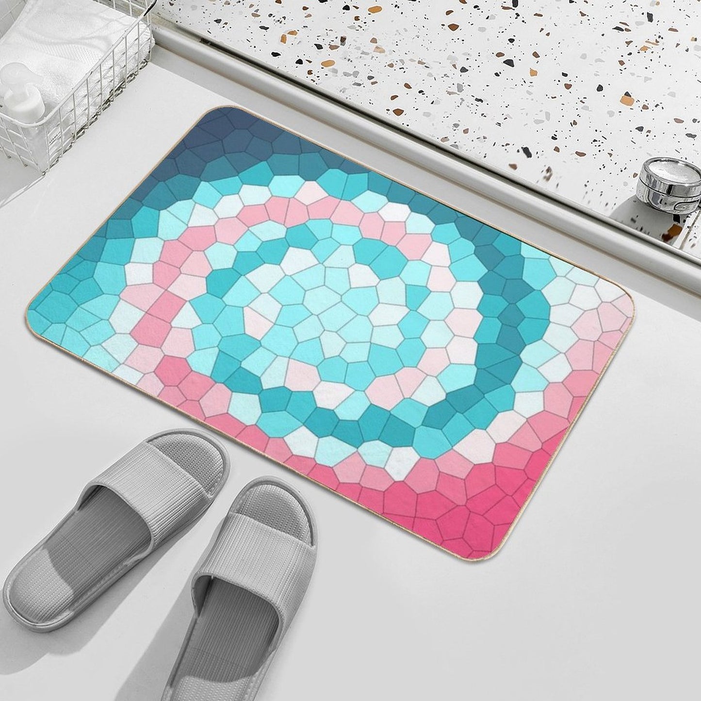 Teal, White And Pink Swirly Stained Glass Abstract Art Durable Bath Mat