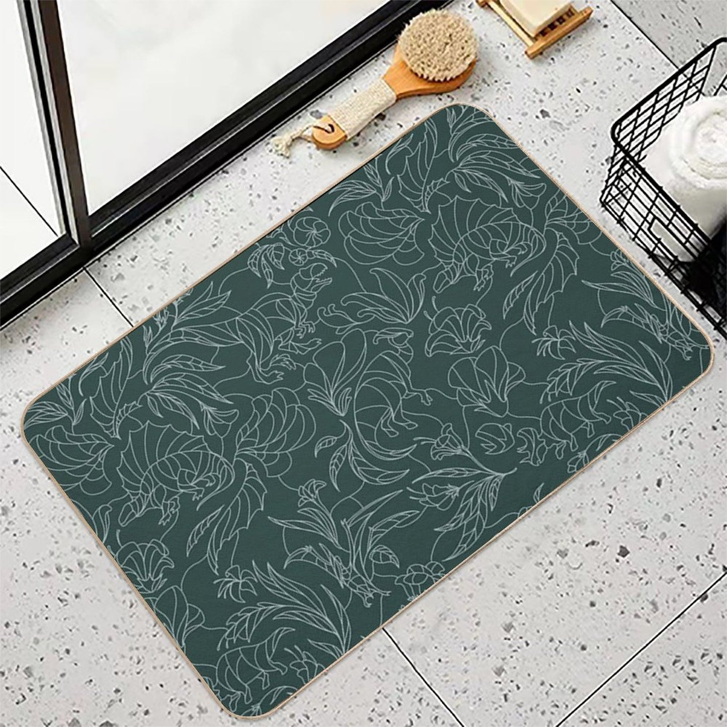 Hidden Dinosaurs - Floral Pattern - Teal And Silver Durable Bath Mat