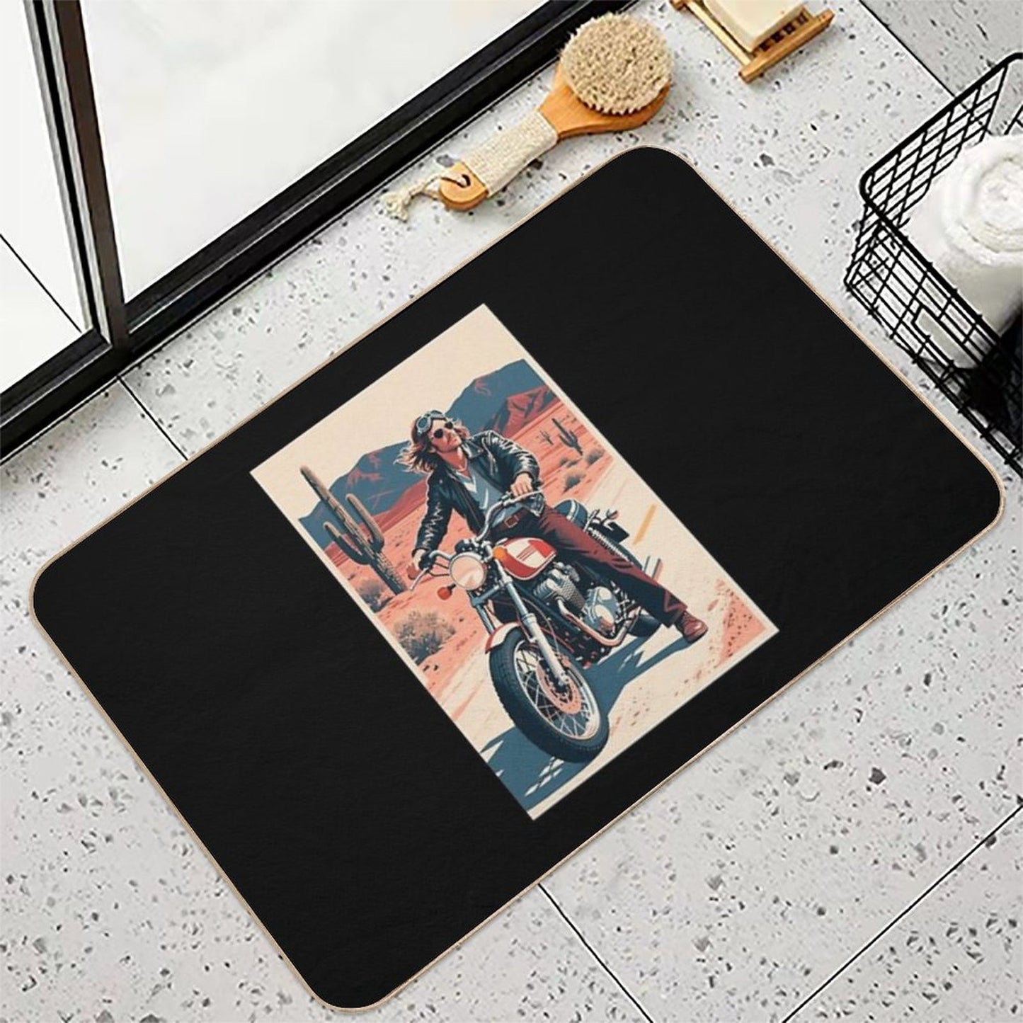 Vintage 70s Biker Illustration in Hope Style Slip-Resistant Bath Mat