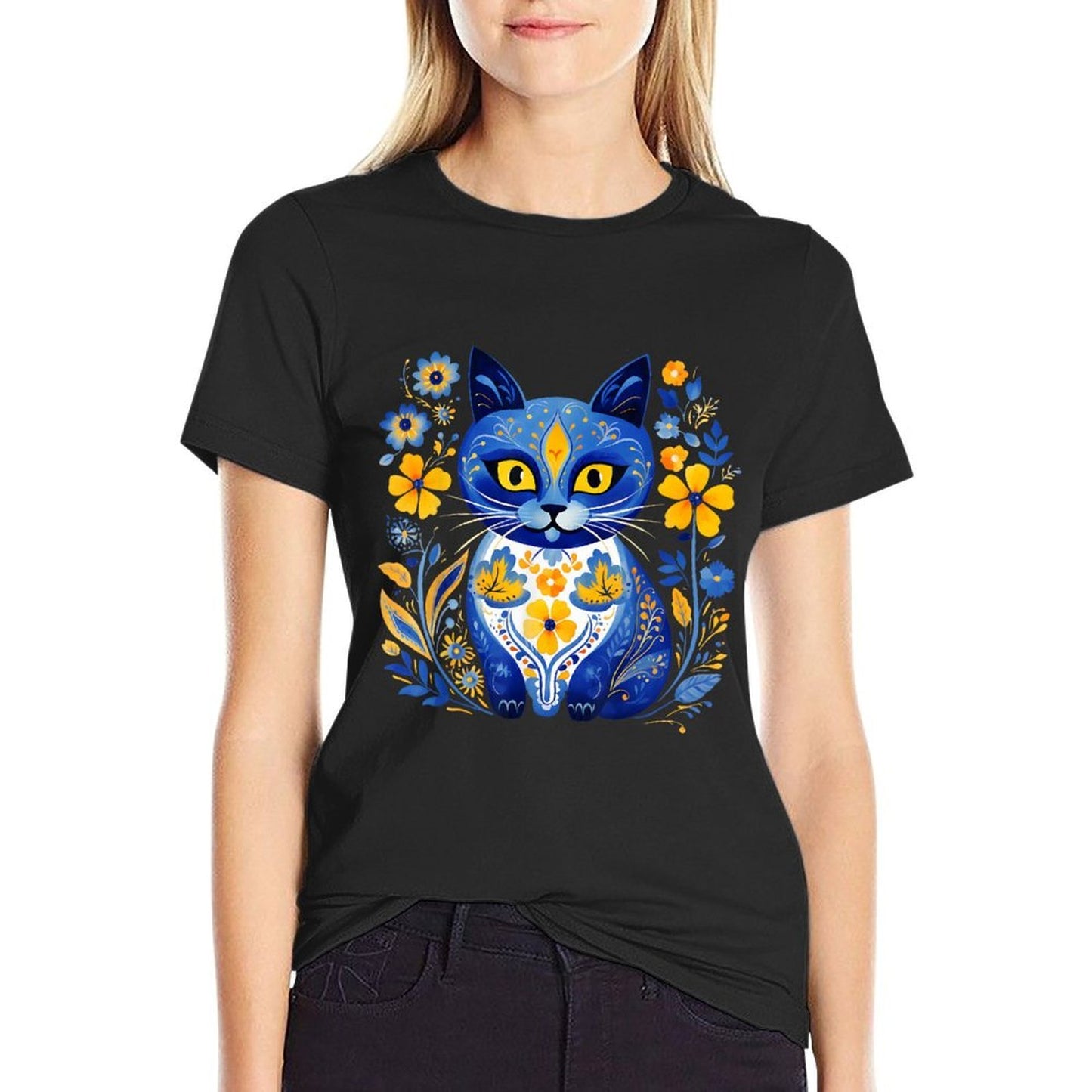 Ukraine Cat Floral Vintage Ukrainian Vyshyvanka Style Comfortable T-Shirt