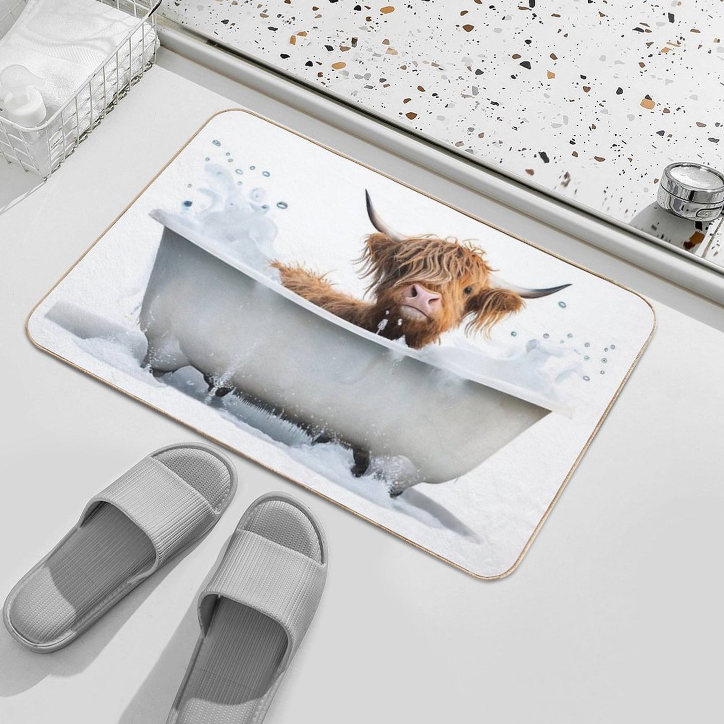 Baby Highland Cow Taking A Bath, Cute Animal Art Eco-Friendly Bath Mat