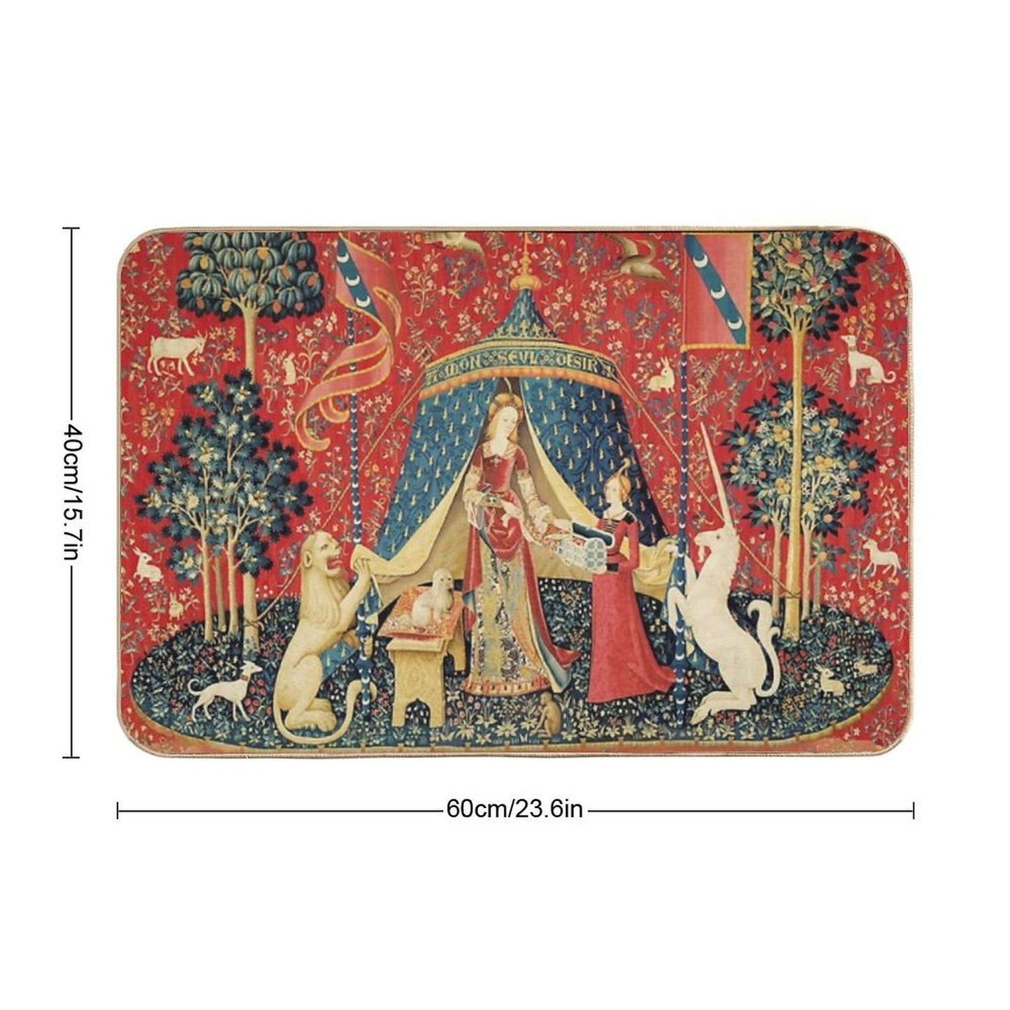 LADY AND THE UNICORN DESIRE ,Lion,Fantasy Flowers,Animals,Red Green Floral Tapestry Eco-Friendly Bath Mat