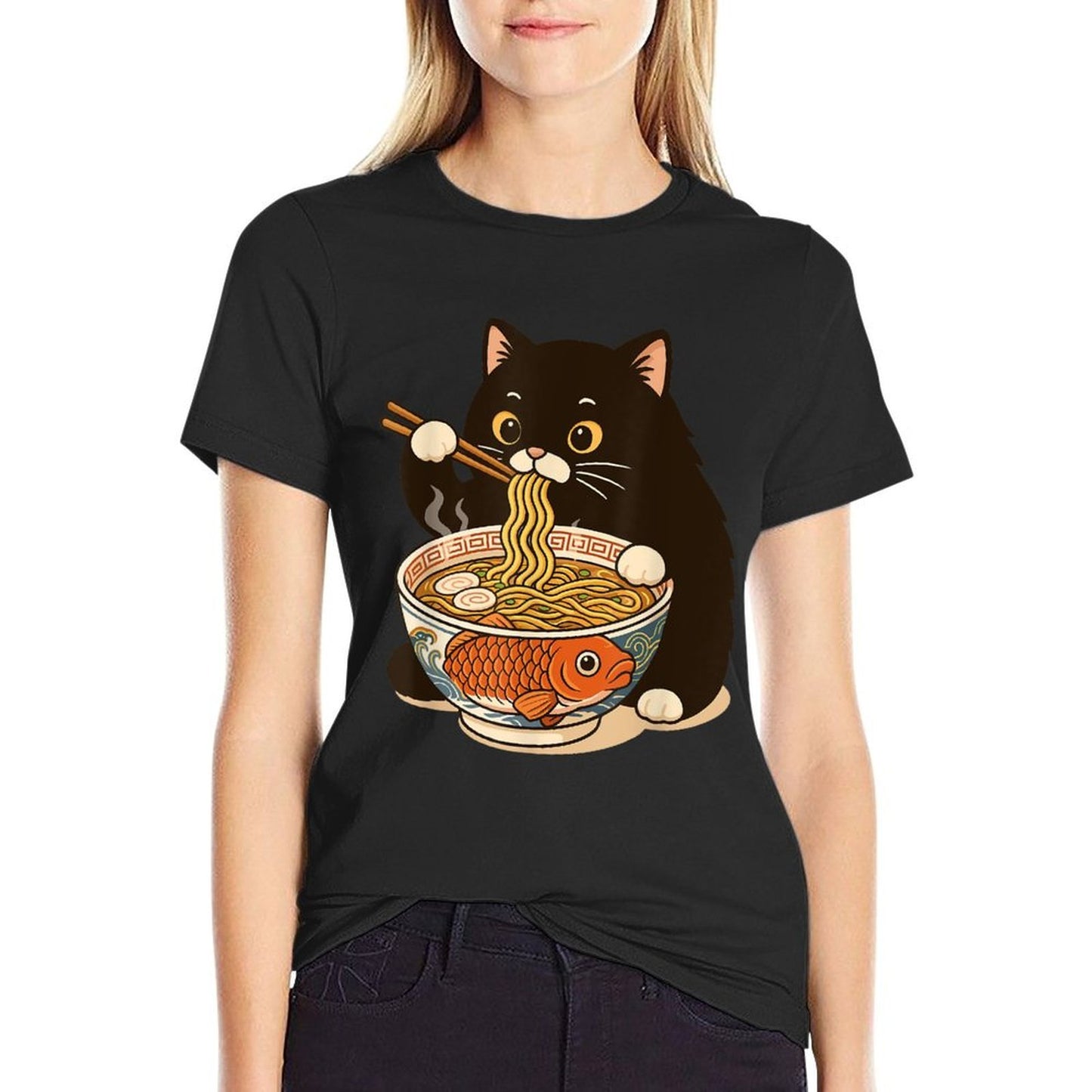 Fat Cat Ramen Anime Meme Eating Noodles Kawaii High-quality Stitching T-Shirt