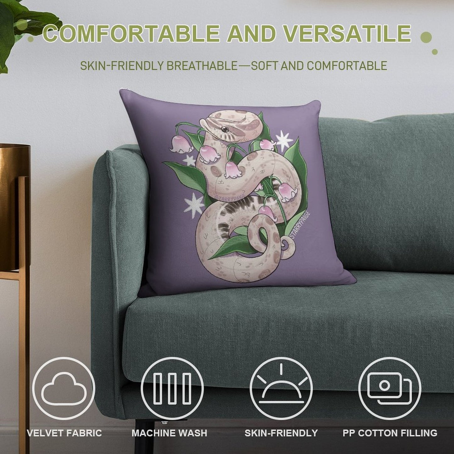 Lavender Hognose Snake with Lily of The Valley Soft Hidden Zipper Throw Pillow