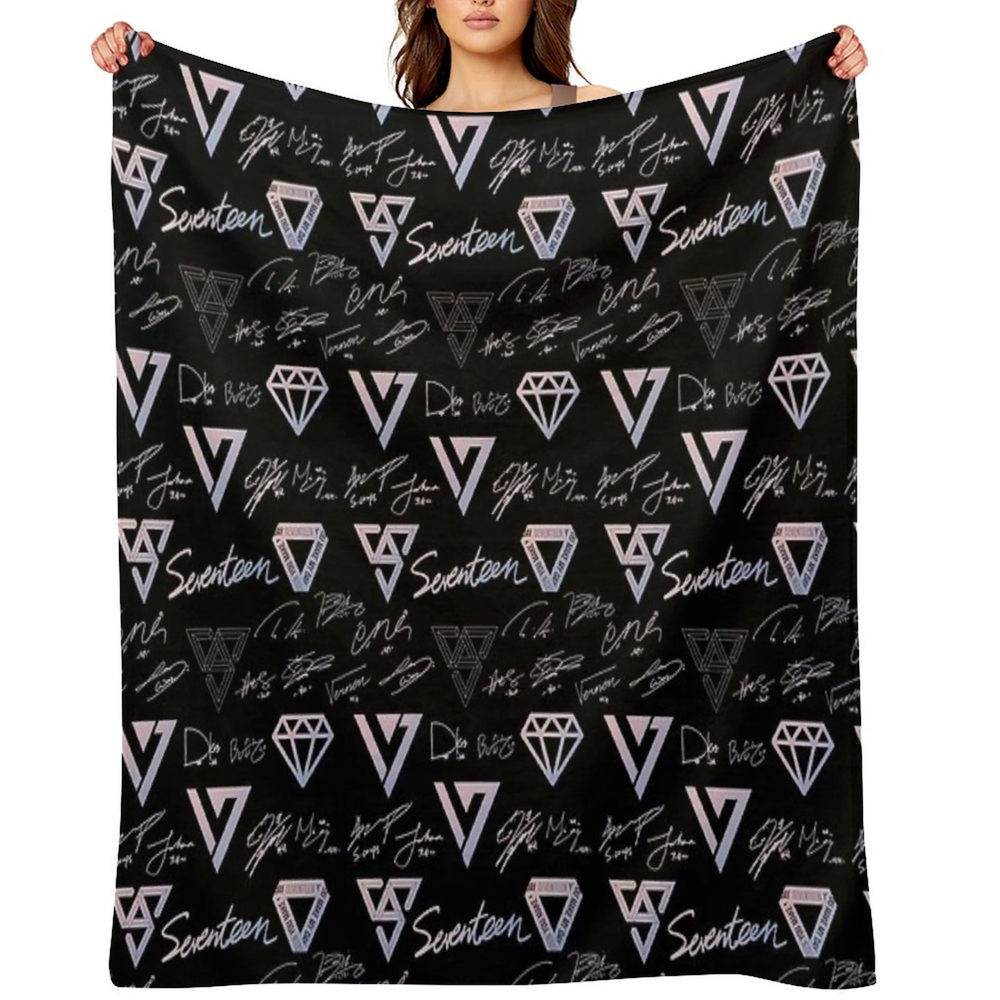 SEVENTEEN Signatures And Logos Pattern (Black) Multi-functional Throw Blanket