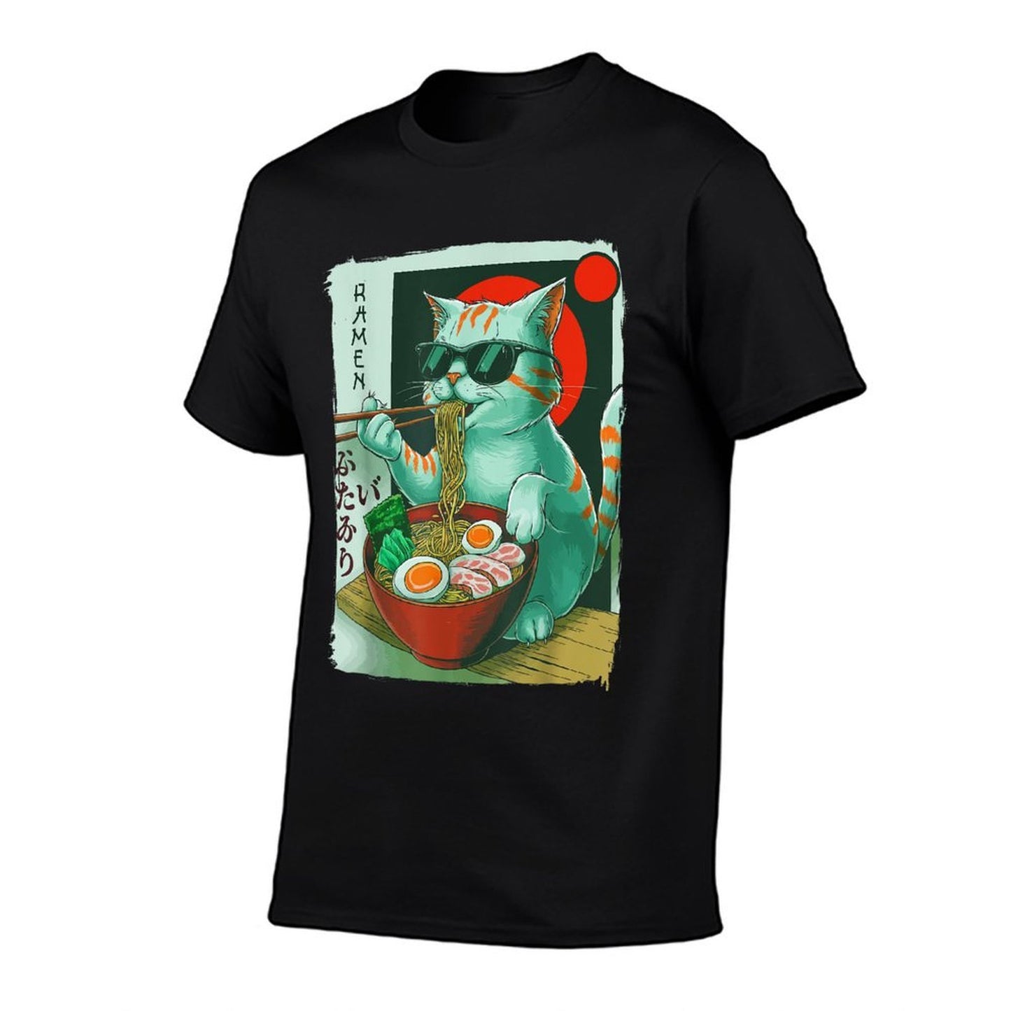 Funny Cat Eating Ramen Graphic Japanese Kawaii Otaku Anime Rolled Sleeves T-Shirt