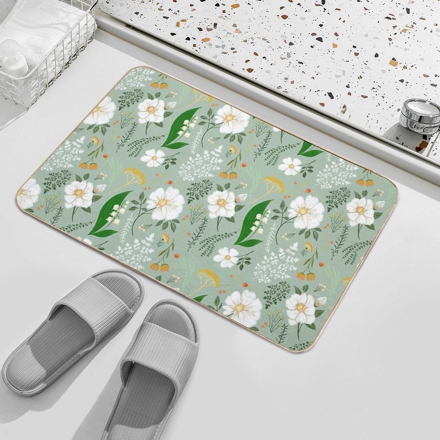 Garden Florals on Soft Green. Repositionable Bath Mat