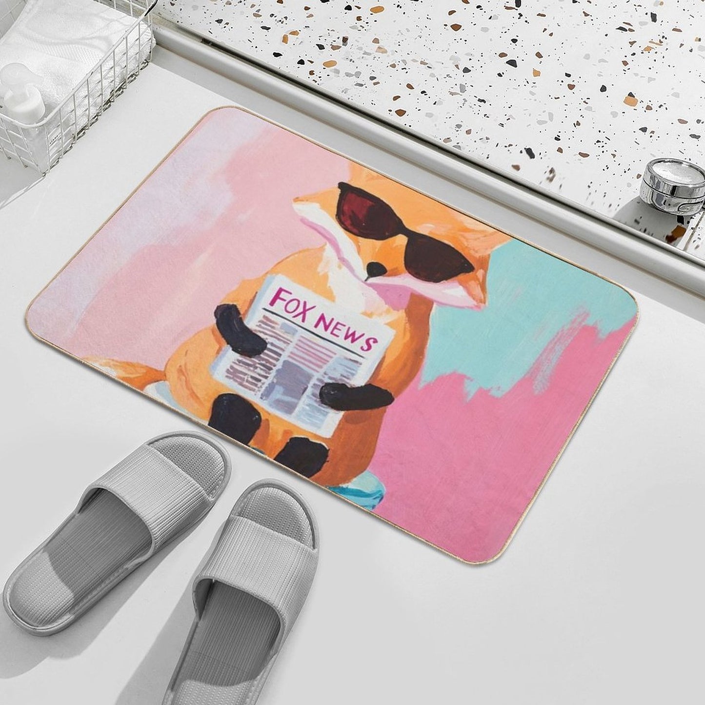 Reading Fox on Toilet – Funny Retro Animal Bathroom Wall Art Pet-Safe Bath Mat