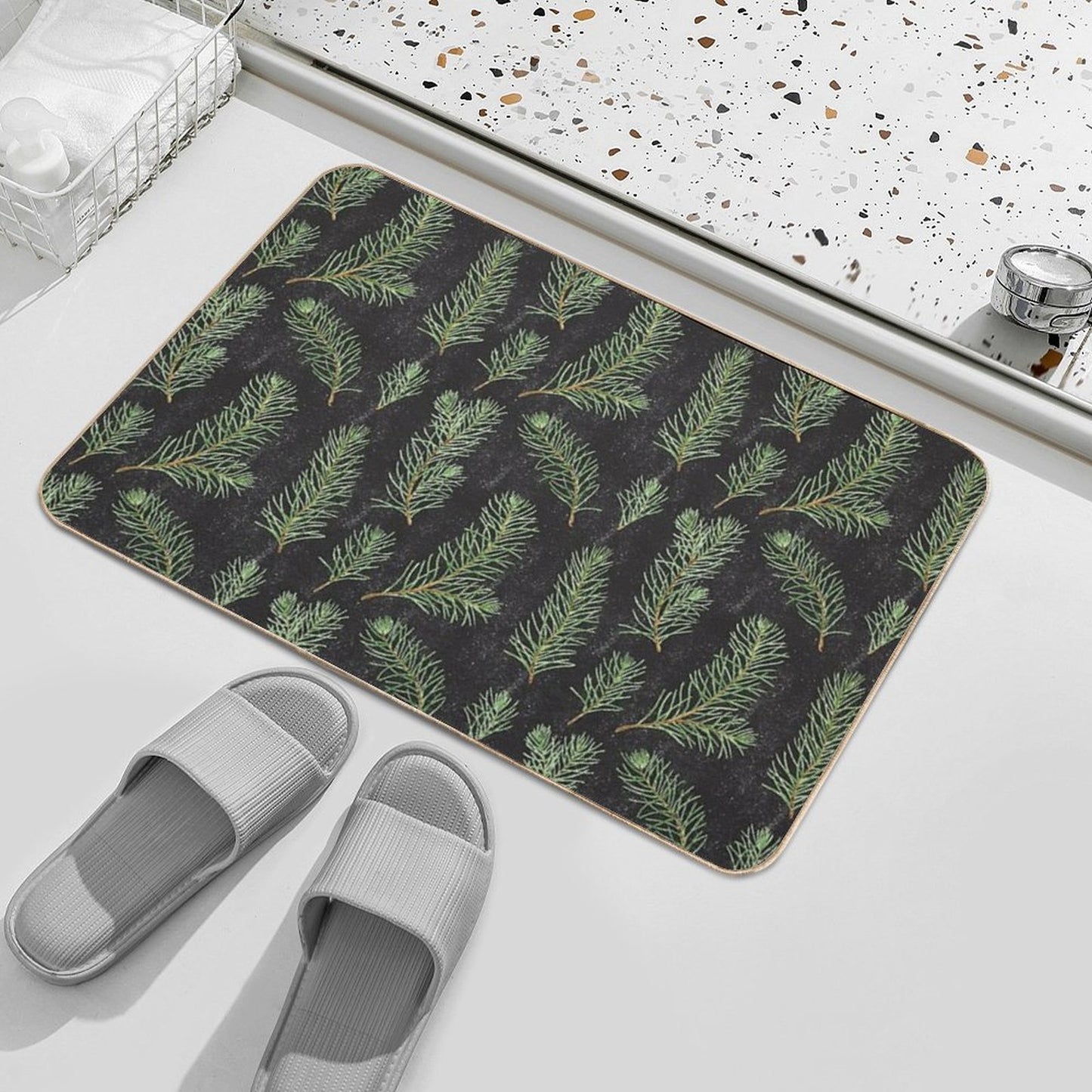 Watercolor Pine Branches Pattern on Black Background  Multi-Purpose Bath Mat