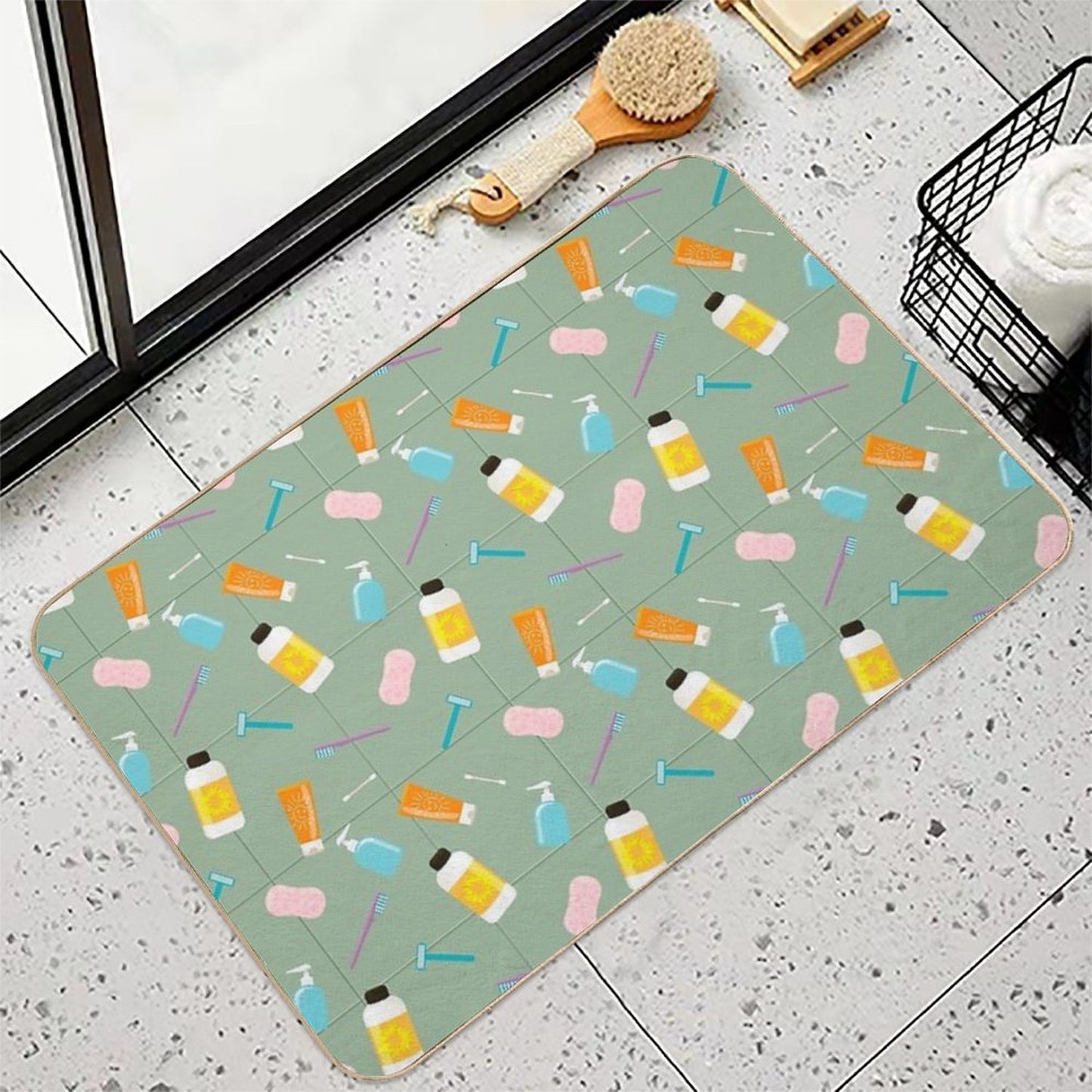 Seamless Vector Pattern of Bath Tubes, Bottles, Razers And Sponges Against Olive Tiled Wall Odorless Bath Mat