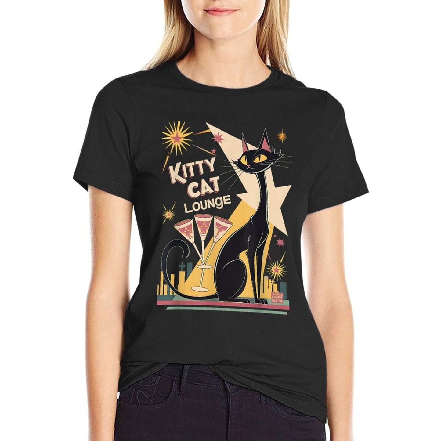 Retro Mid-Century Modern Cat And Cocktails Lounge Theme Fade-proof Color T-Shirt