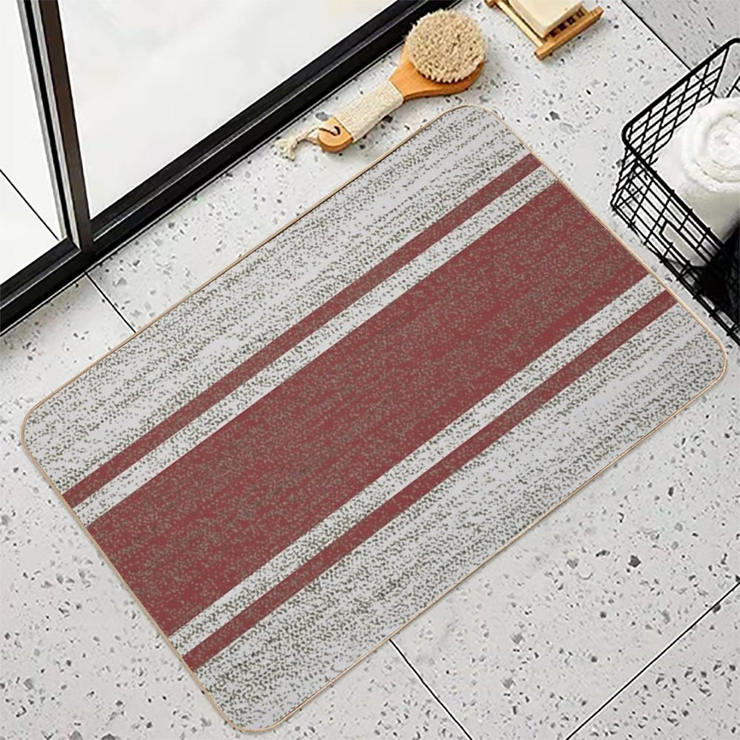 1980s Farmhouse Chic Burgundy Jacquard Stripes Linen French Country Pet-Safe Bath Mat