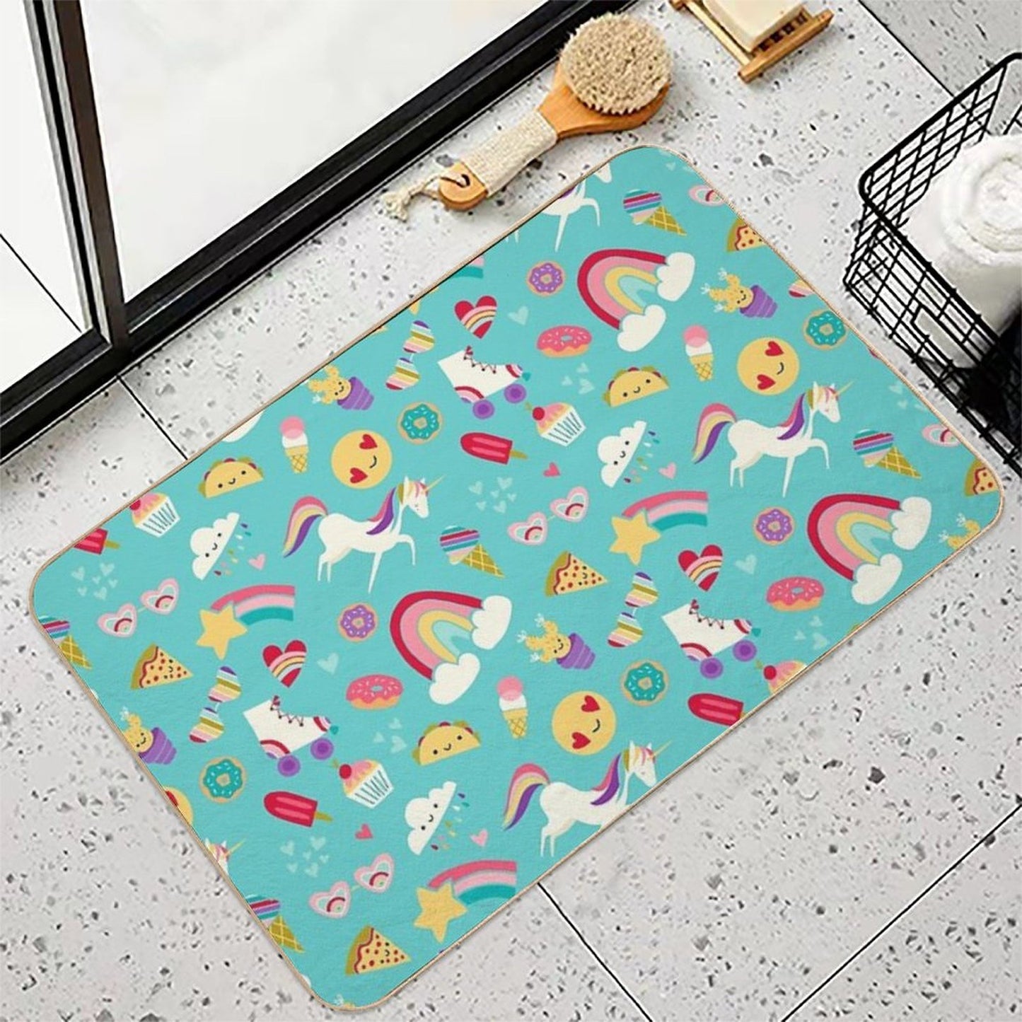 Tween Girl Icons Rainbows Emojis Unicorns Roller Skates Pet-Safe Bath Mat