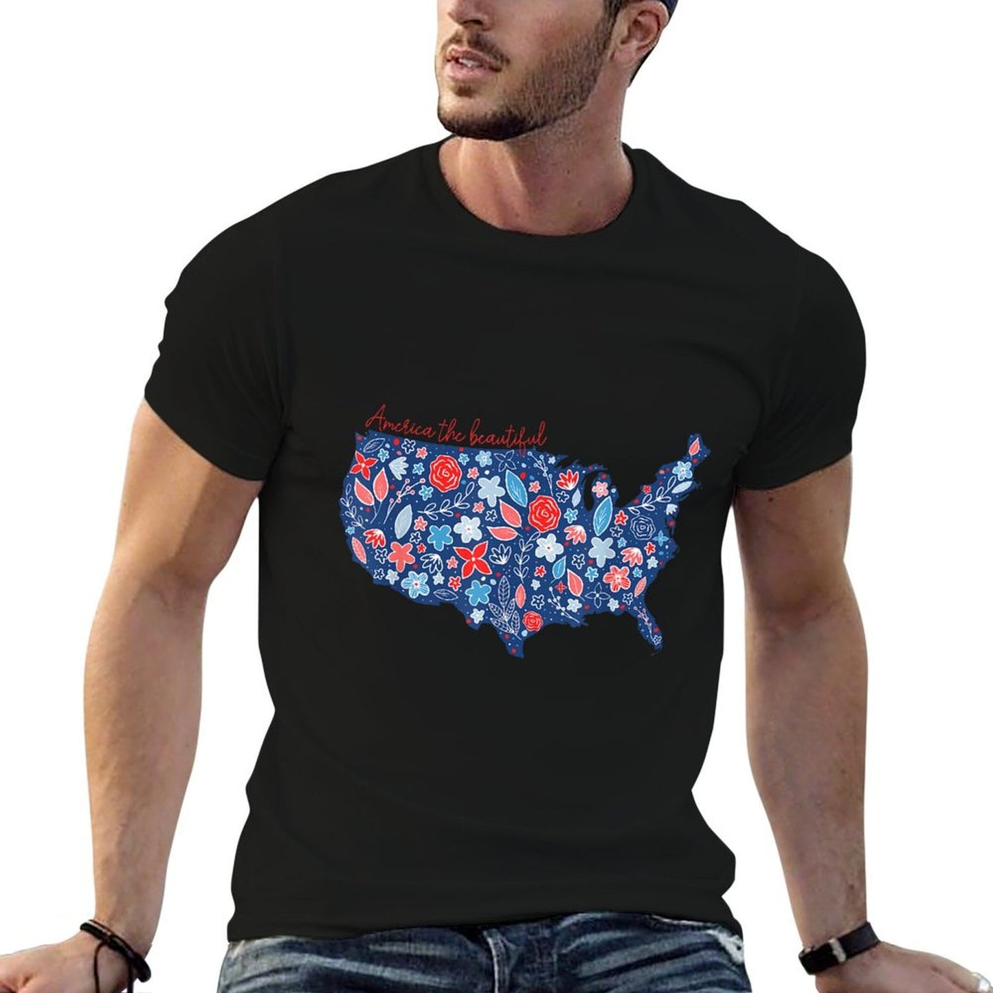 America The Beautiful Floral Patriotic Independence Day Slim-fit Cut T-Shirt