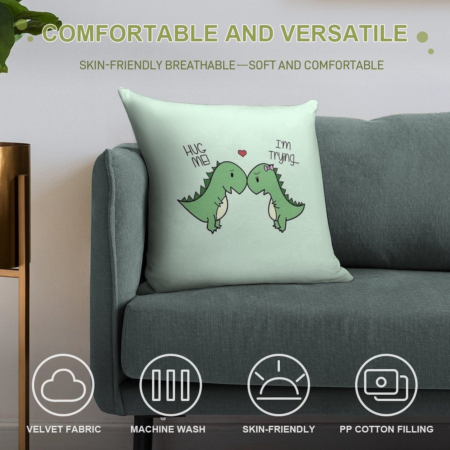 Dino Love! (Hug Me!) Soft Durable Construction Throw Pillow