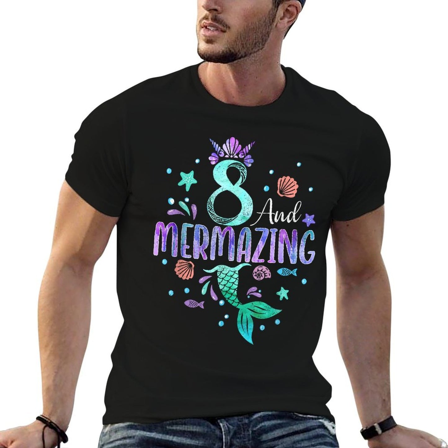 Its My Mermazing 8th Birthday Mermaid Girl Theme 8 Yrs Old Ribbed Collar T-Shirt