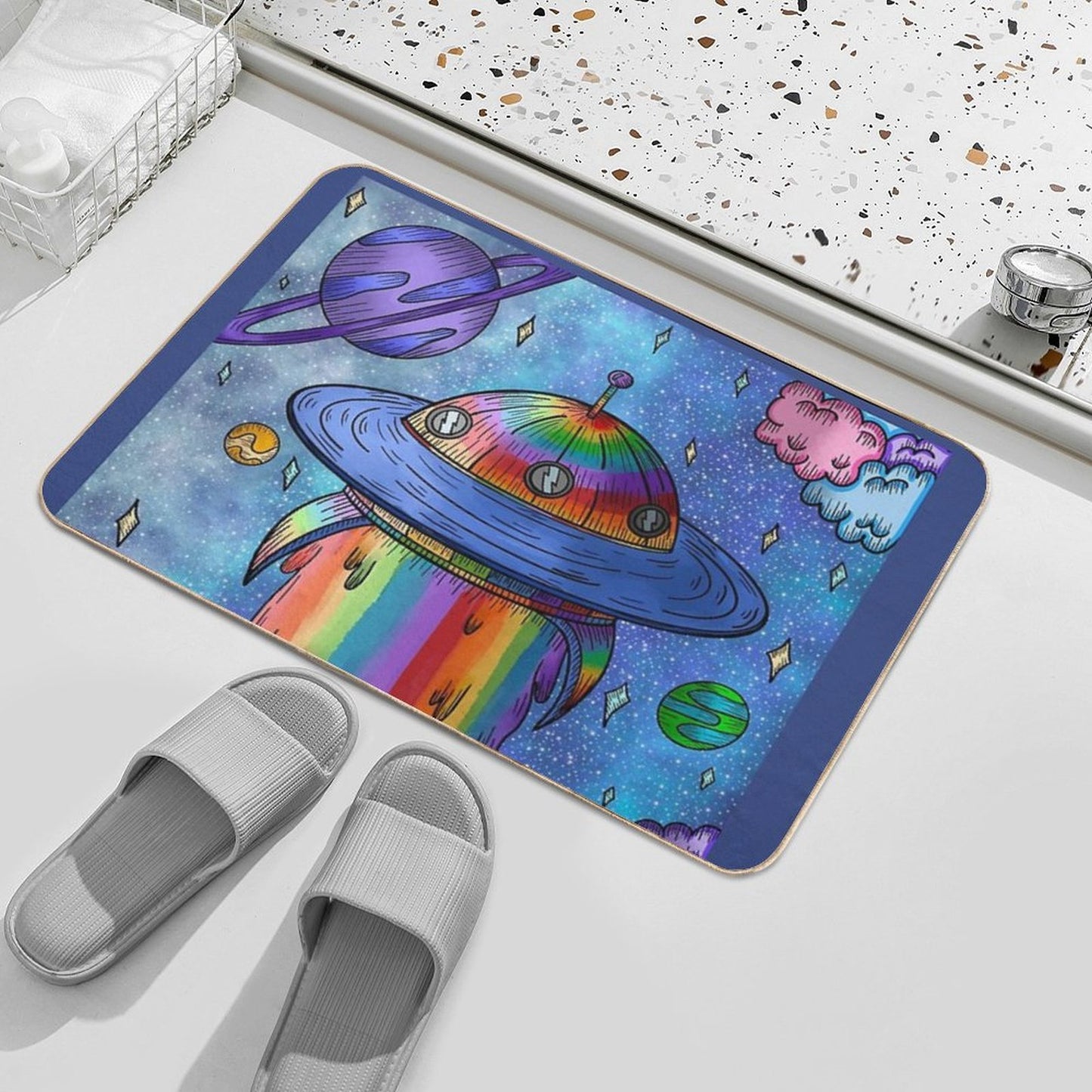 Rainbow UFO in Space Repositionable Bath Mat