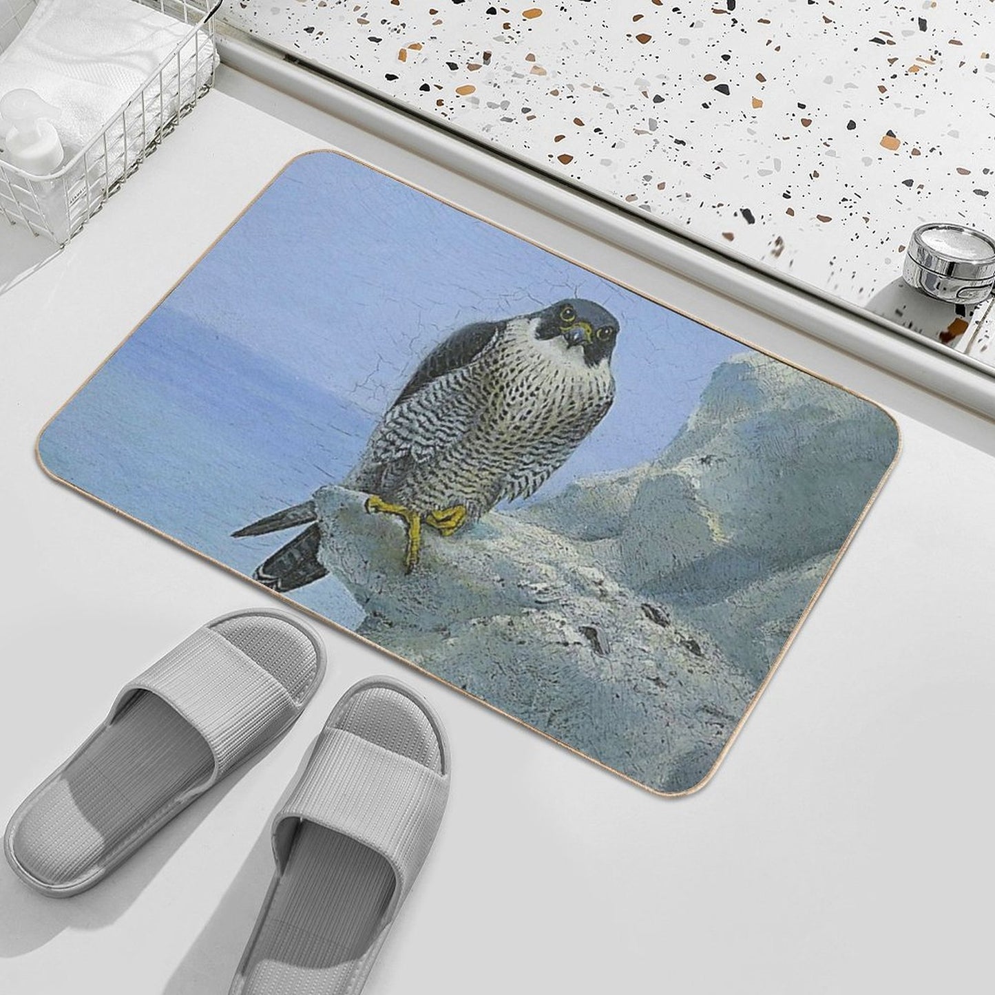 1896 A Peregrine Falcon on A Chalk Cliff Portrait Wilderness Oil on Canvas Painting Print by George Edward Lodge Fade-Resistant Bath Mat