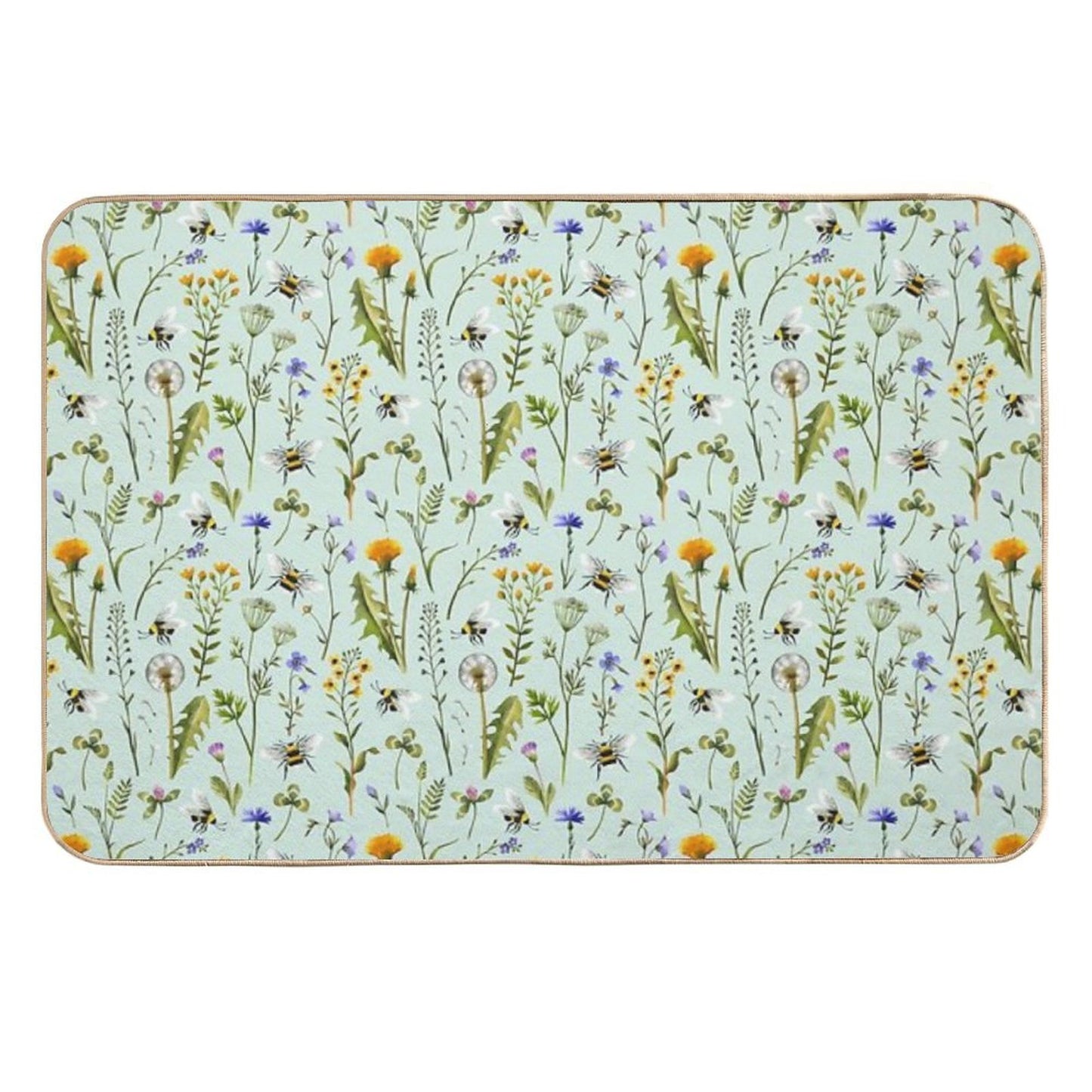 Bees And Wildflowers on Mint Eco-Friendly Bath Mat