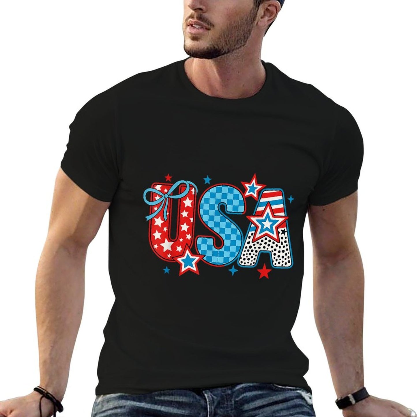 Retro American USA Coquette Bow Patriotic 4th Of July Fade-proof Color T-Shirt