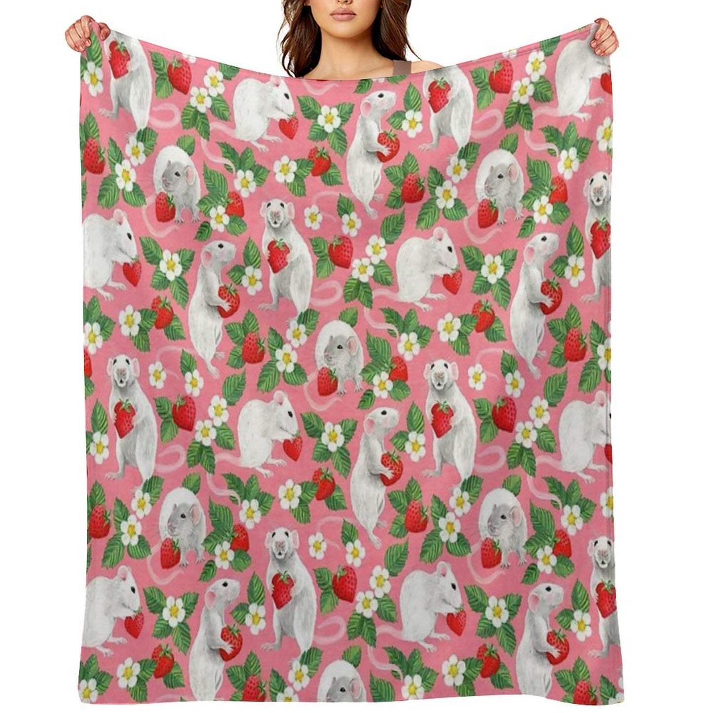 Rats Love Strawberries on Bright Pink Comfort Throw Blanket