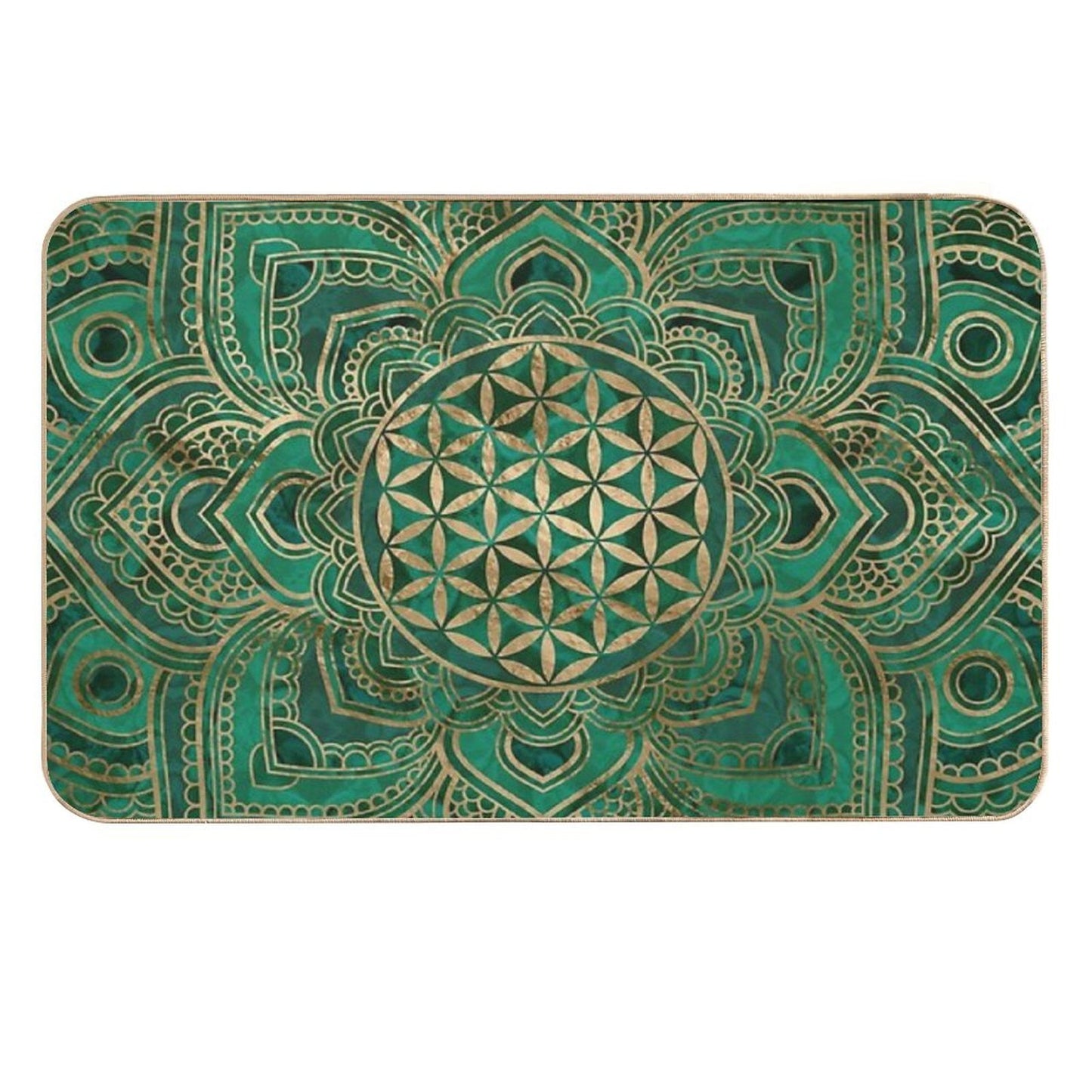 Flower of Life in Lotus - Malachite And Gold Anti-Trip Bath Mat