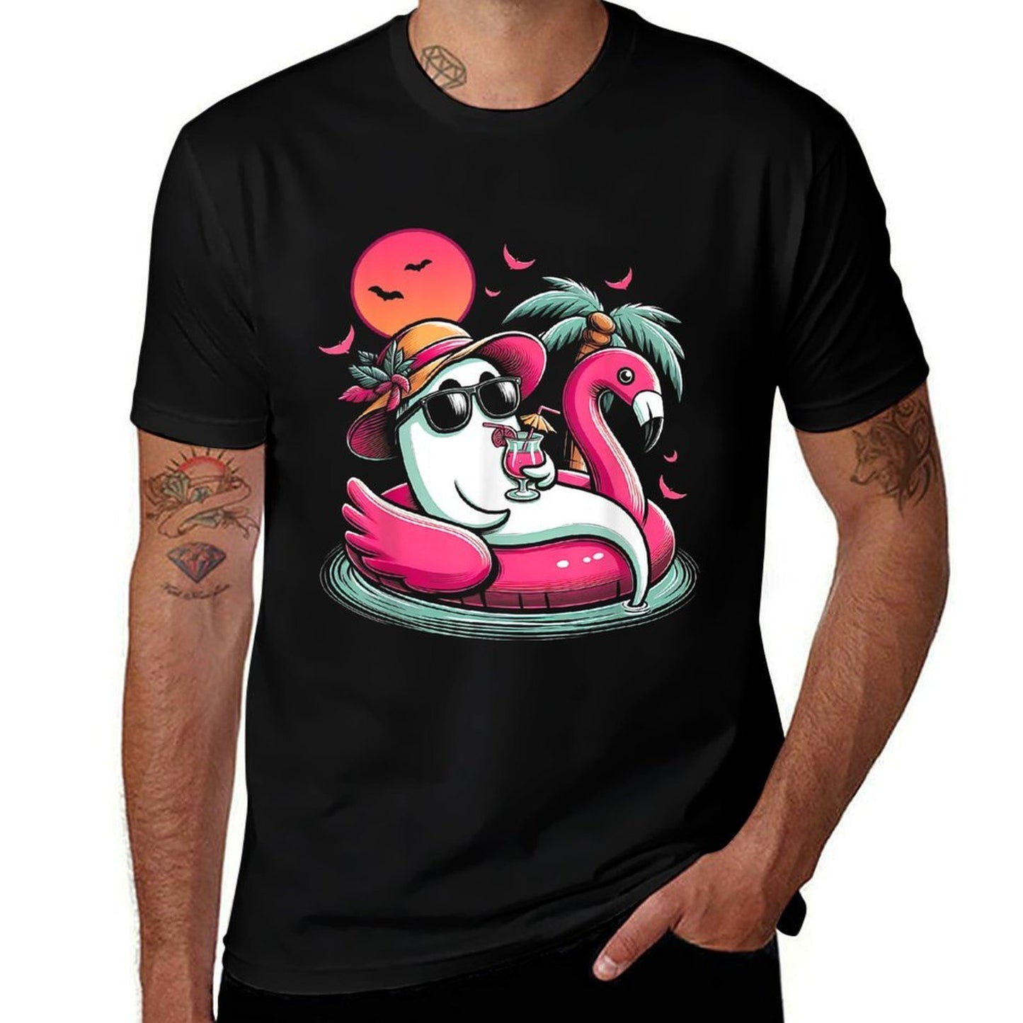 Ghost In Lifebuoy Flamingo On A Pool Float Summer Ween  Polyester Blend T-Shirt
