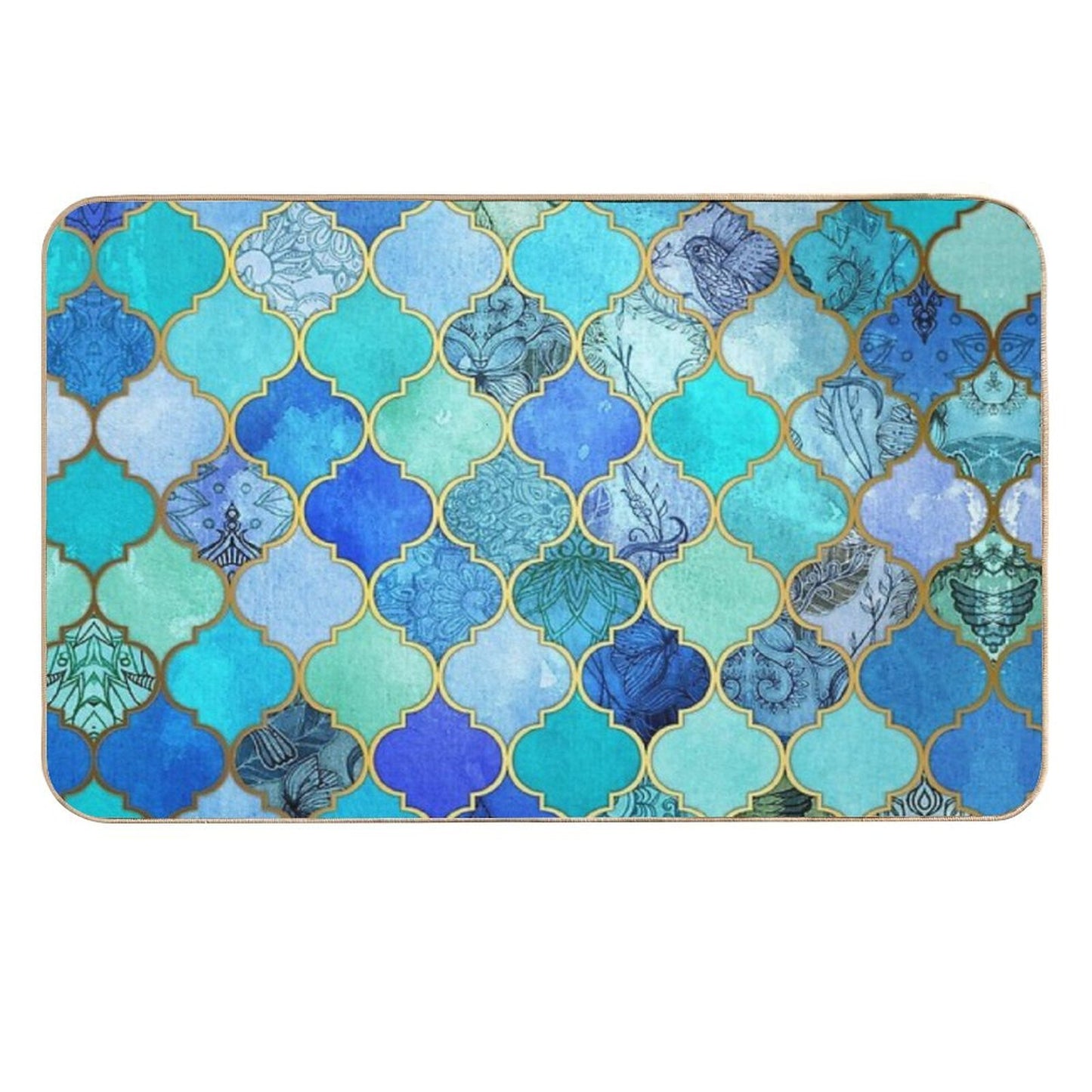 Cobalt Blue, Aqua & Gold Decorative Moroccan Tile Pattern Pet-Safe Bath Mat