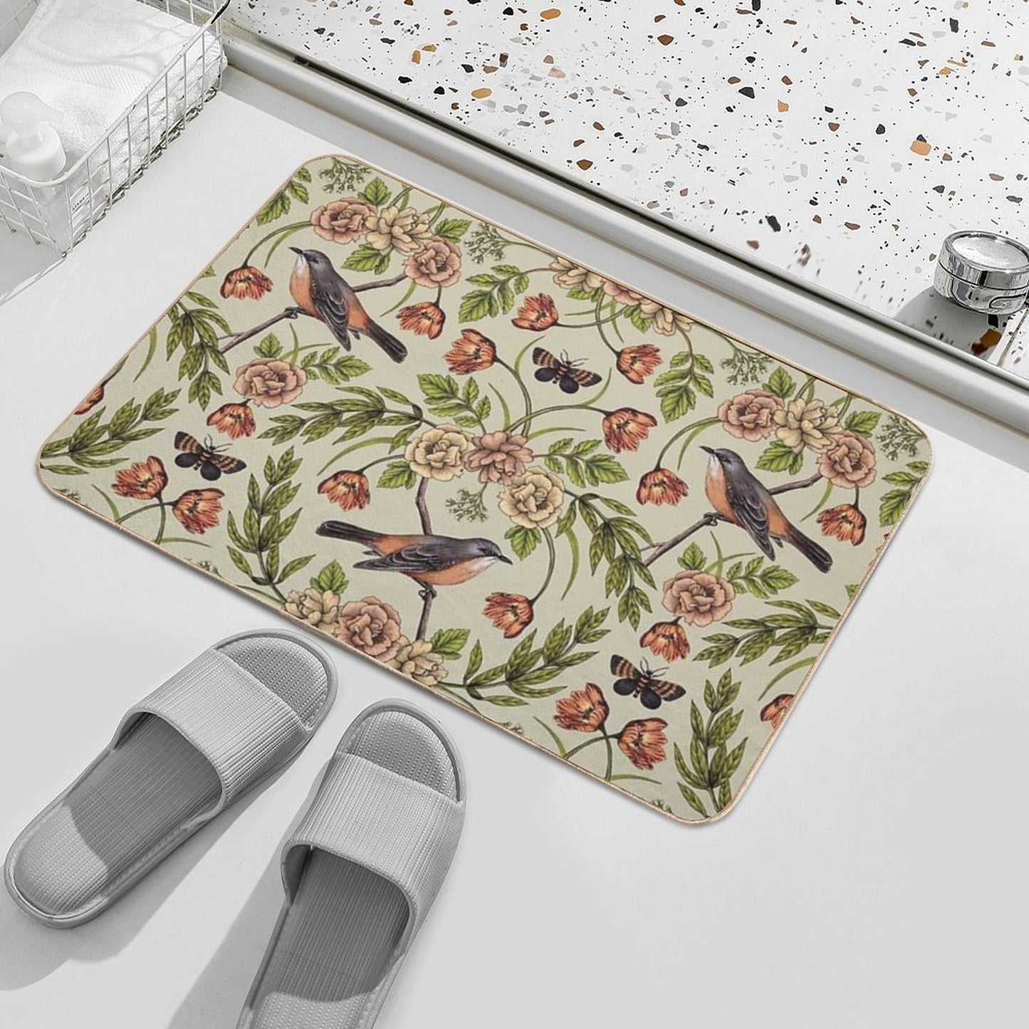 In The Garden - Nature Pattern W Birds, Flowers & Moths Non-Slip Bath Mat